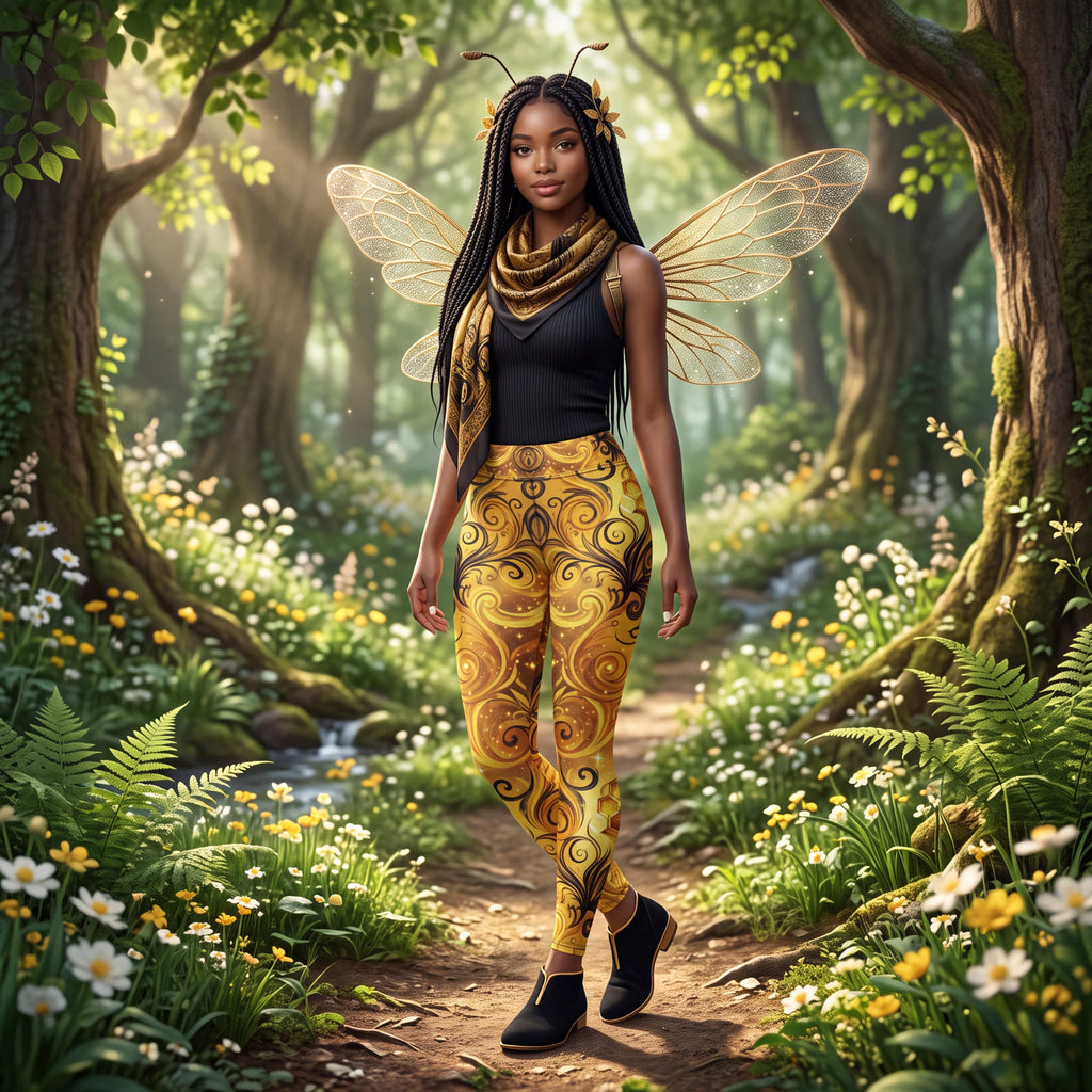 CUT-SEW Gold Honeycomb Leggings – Black Swirl Bee-Inspired High Waisted Yoga Pant