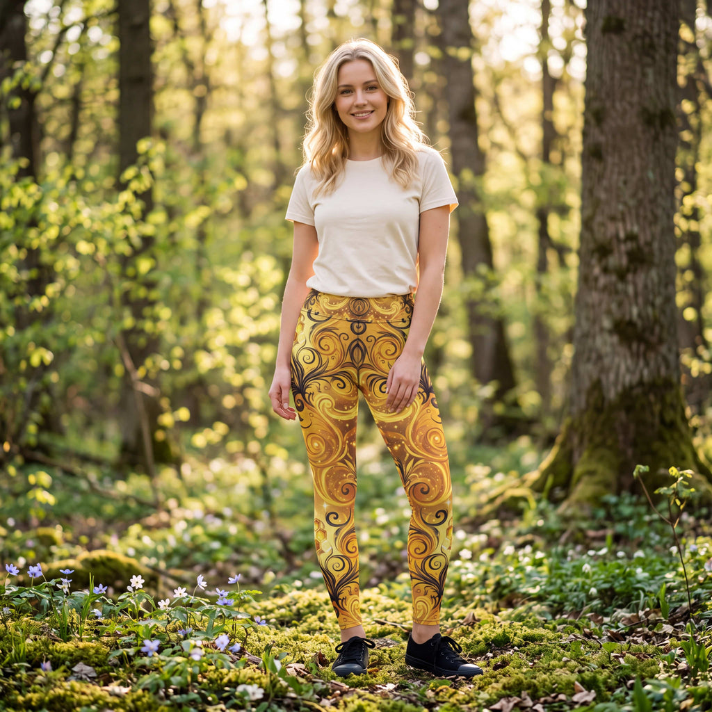 CUT-SEW Gold Honeycomb Leggings – Black Swirl Bee-Inspired High Waisted Yoga Pant