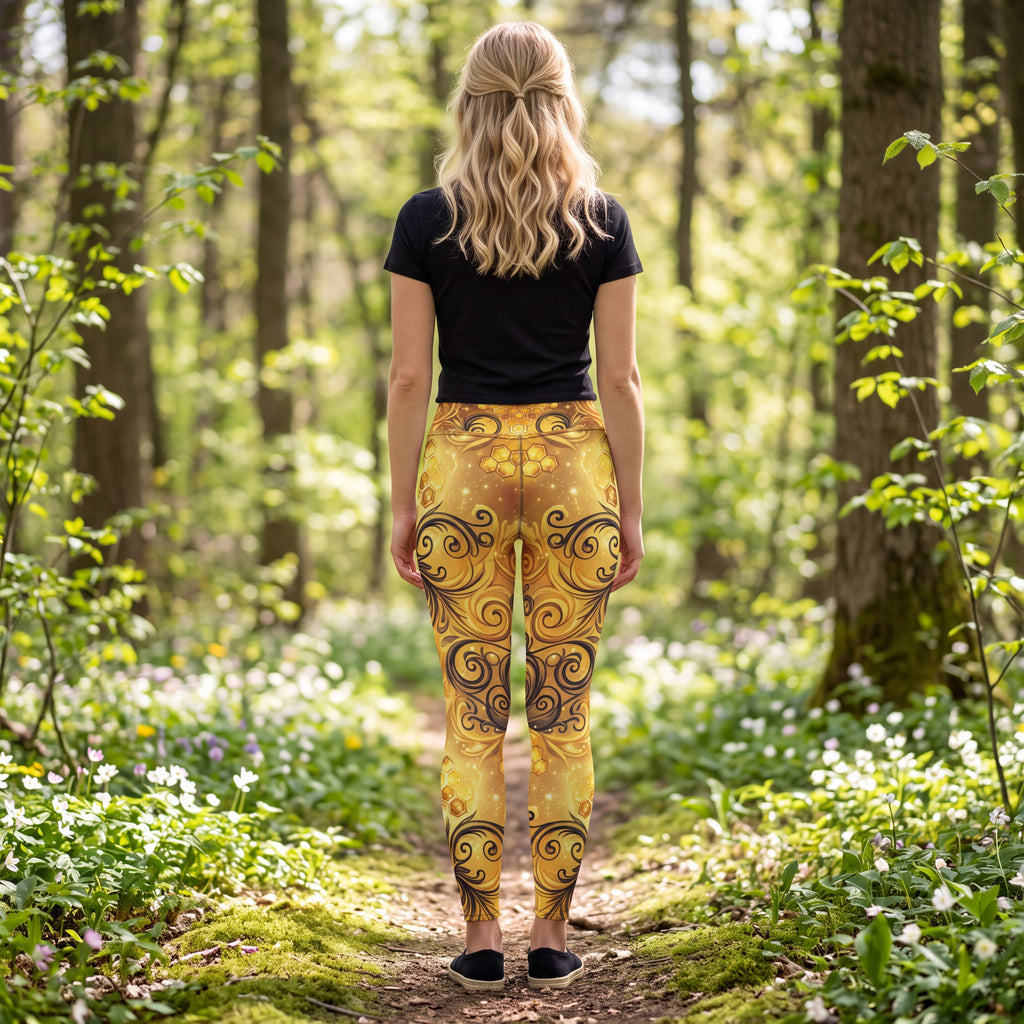 CUT-SEW Gold Honeycomb Leggings – Black Swirl Bee-Inspired High Waisted Yoga Pant