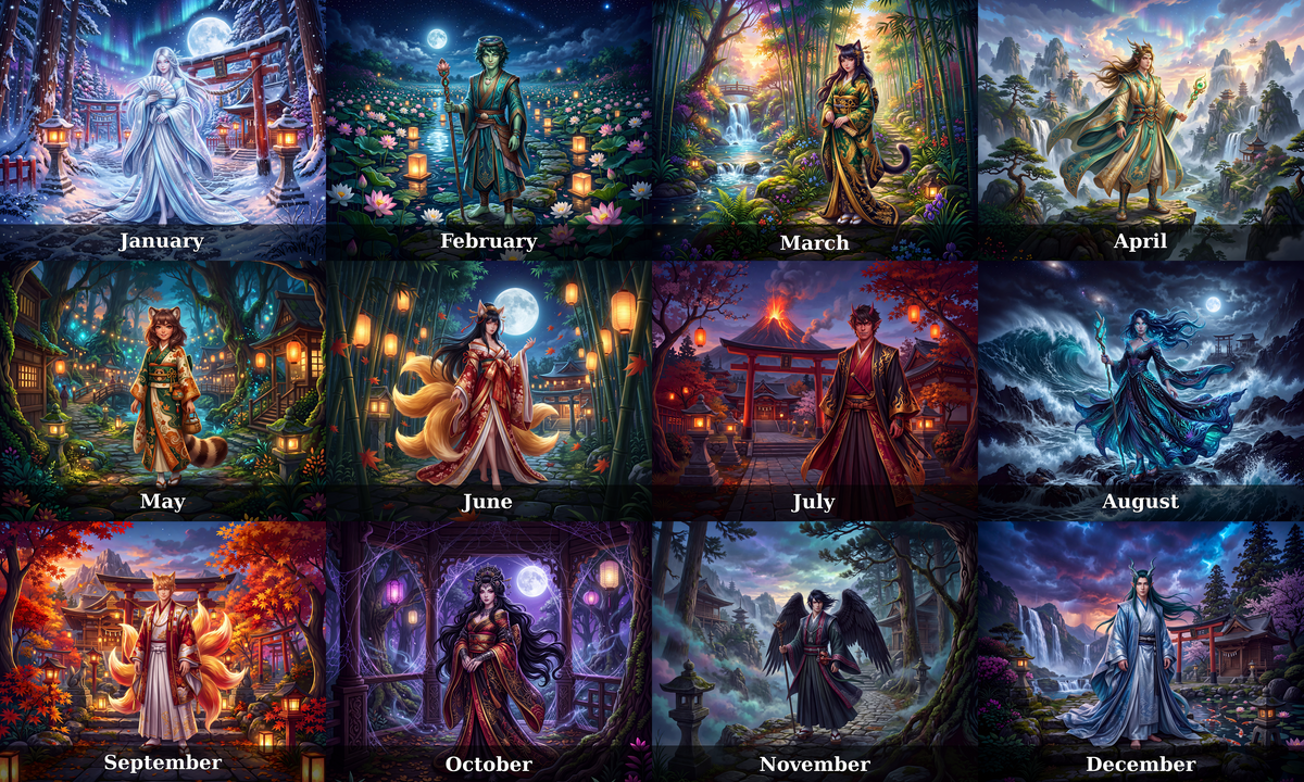 Mystical Beings of Japan 2027 Wall Calendar – Japanese Yokai, Kitsune, Oni & Folklore Fantasy Art