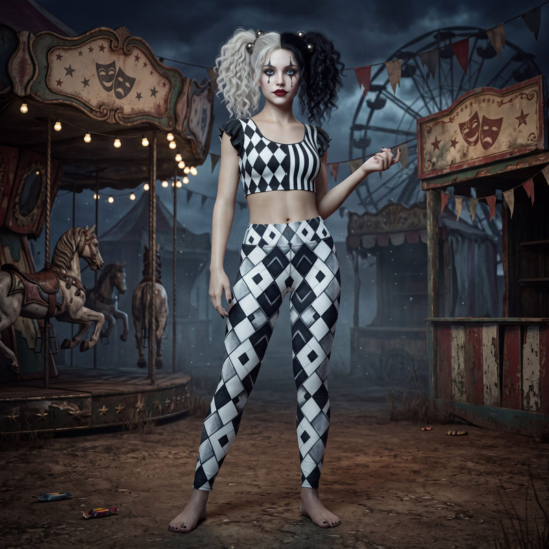 CUT-SEW Gothic Carnival Leggings | Black & White Harlequin Pattern