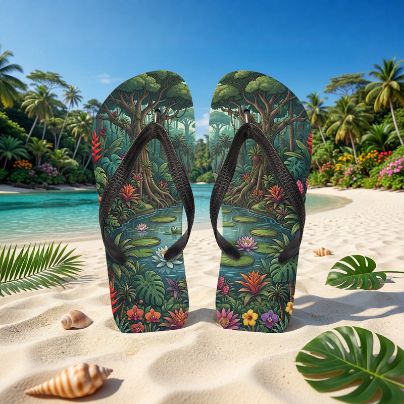 Jungle Flip Flops | Tropical Rainforest Lagoon Sublimation Sandals