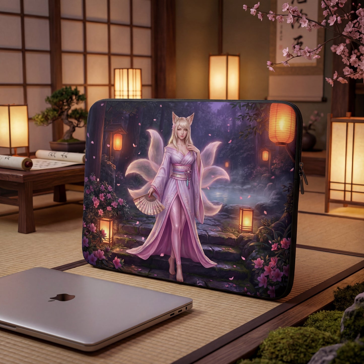 Kitsune Fox Girl Laptop Sleeve | Japanese Fantasy Art | Neoprene Case (13” / 15”)