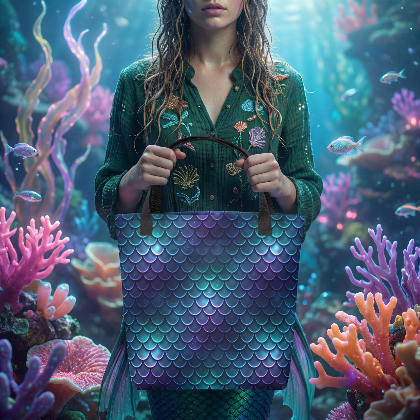 Mermaid Scales Tote Bag | Iridescent Teal & Purple All-Over Print | Mermaidcore Ocean Bag
