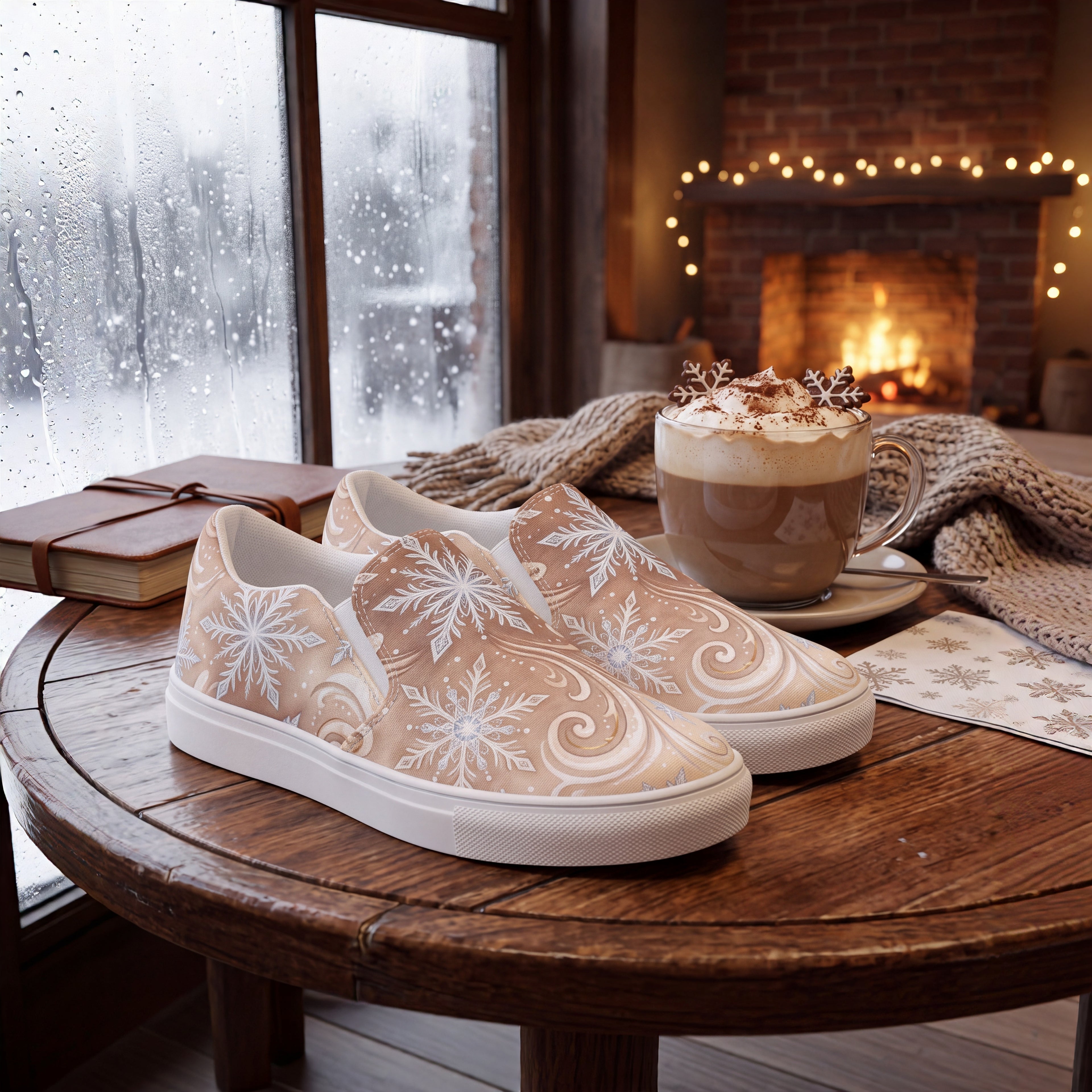 Women’s Frosted Mocha Snowflake Slip-On Shoes | Winter Canvas Sneakers