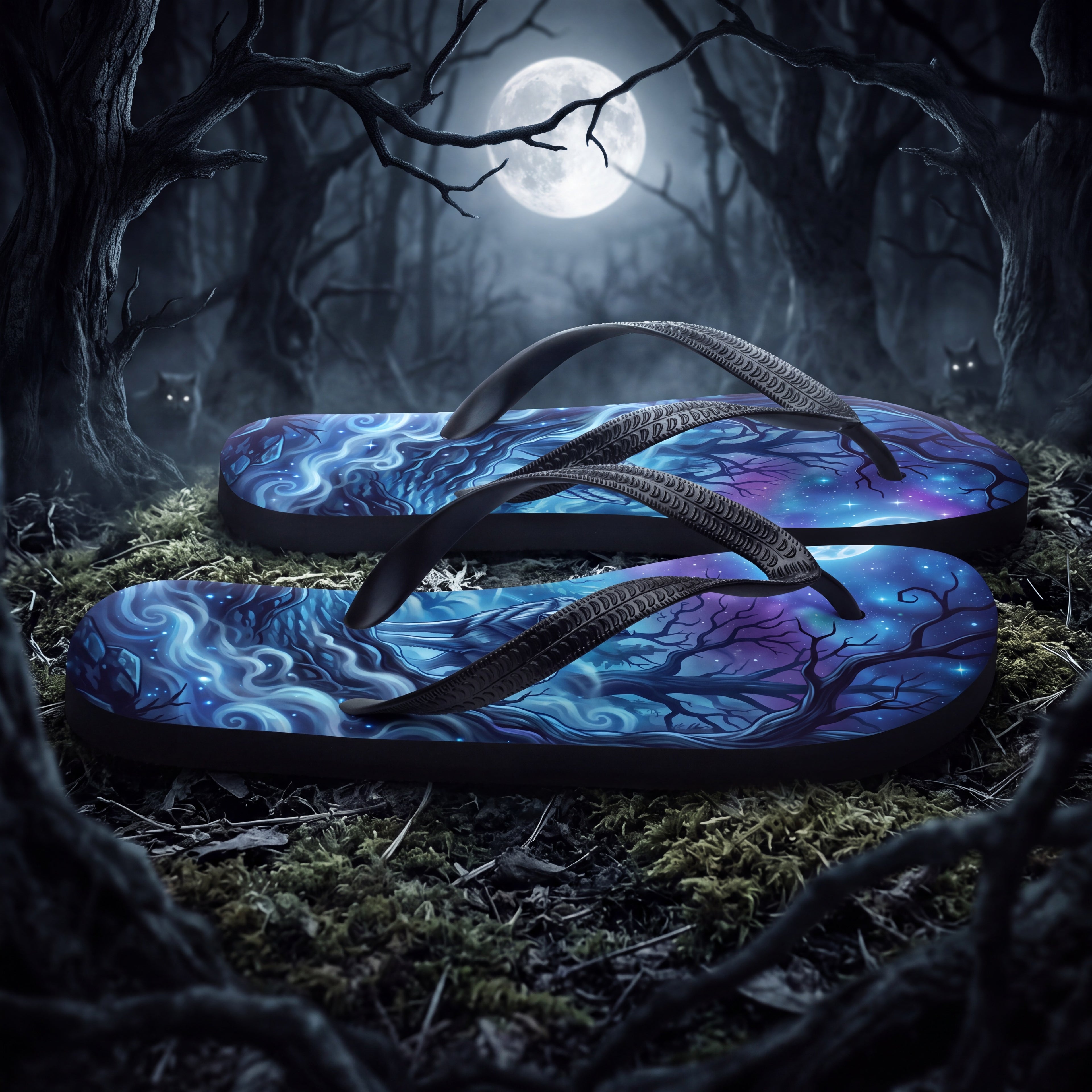 Moonlit Wolf Flip Flops | Blue Fantasy Forest Sandals