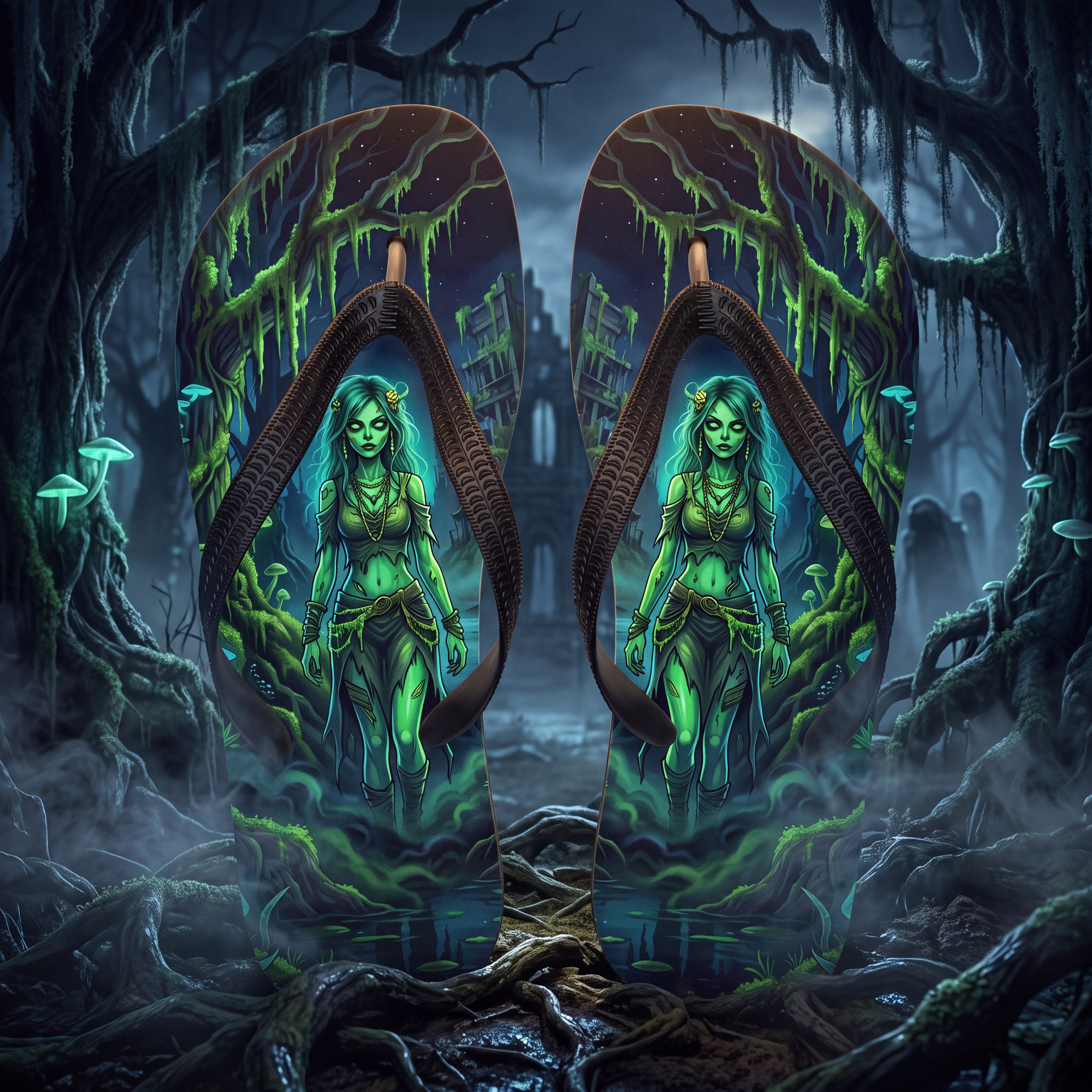 Zombie Girl Flip Flops | Haunted Swamp Dark Fantasy Sandals