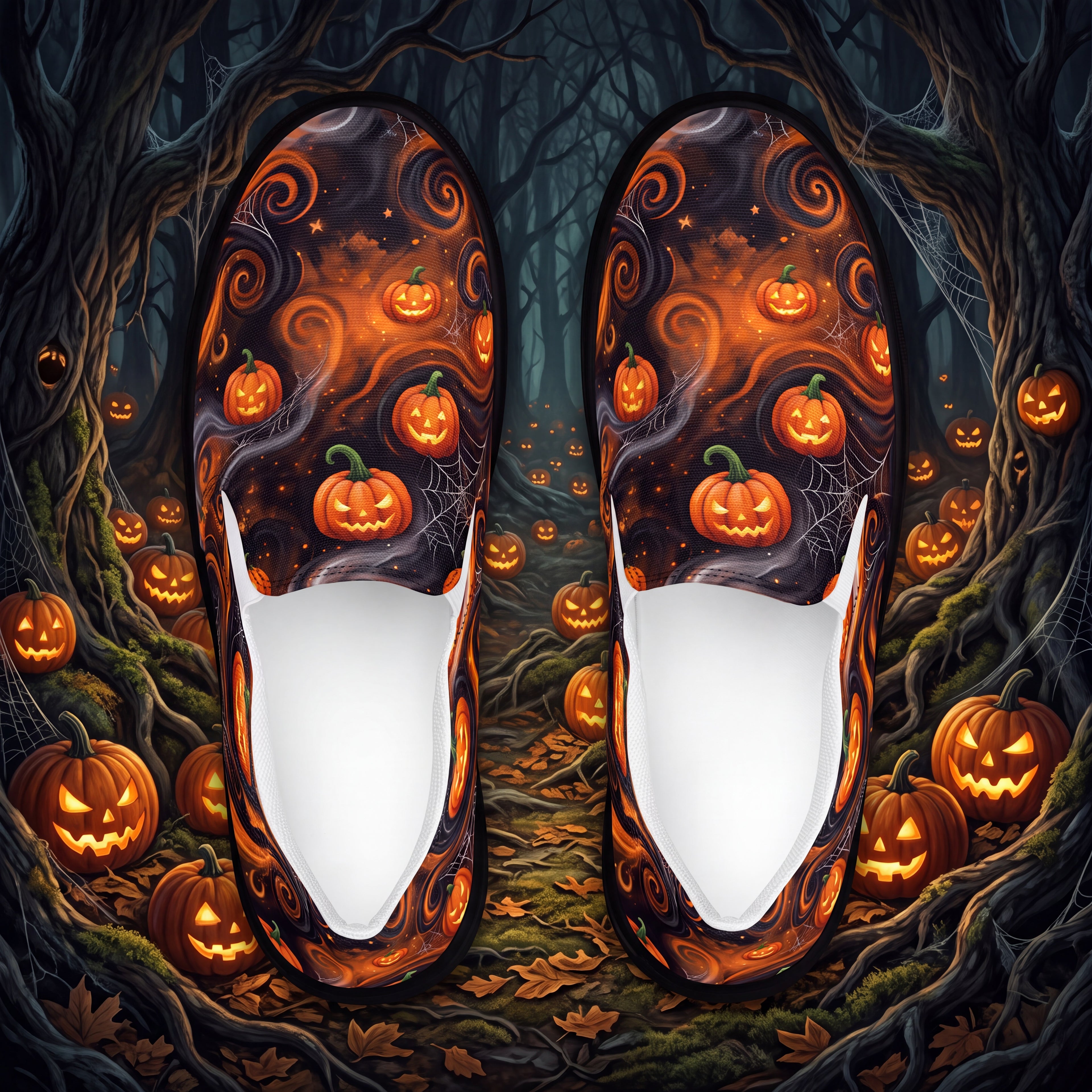Women's Halloween Pumpkin Slip-On Shoes | Black and Orange Jack-O’-Lantern Canvas Sneakers