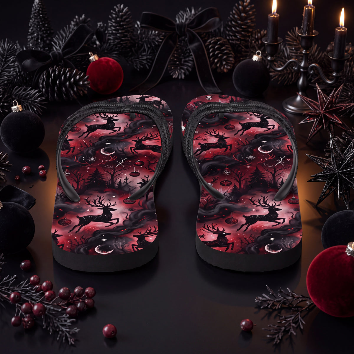 Gothic Christmas Reindeer Flip Flops | Red & Black Gothmas Holiday Sandals