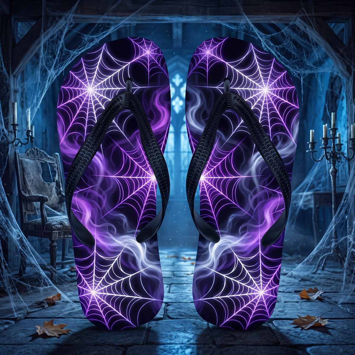 Purple Spiderweb Flip Flops |  Gothic Halloween Web Sandals