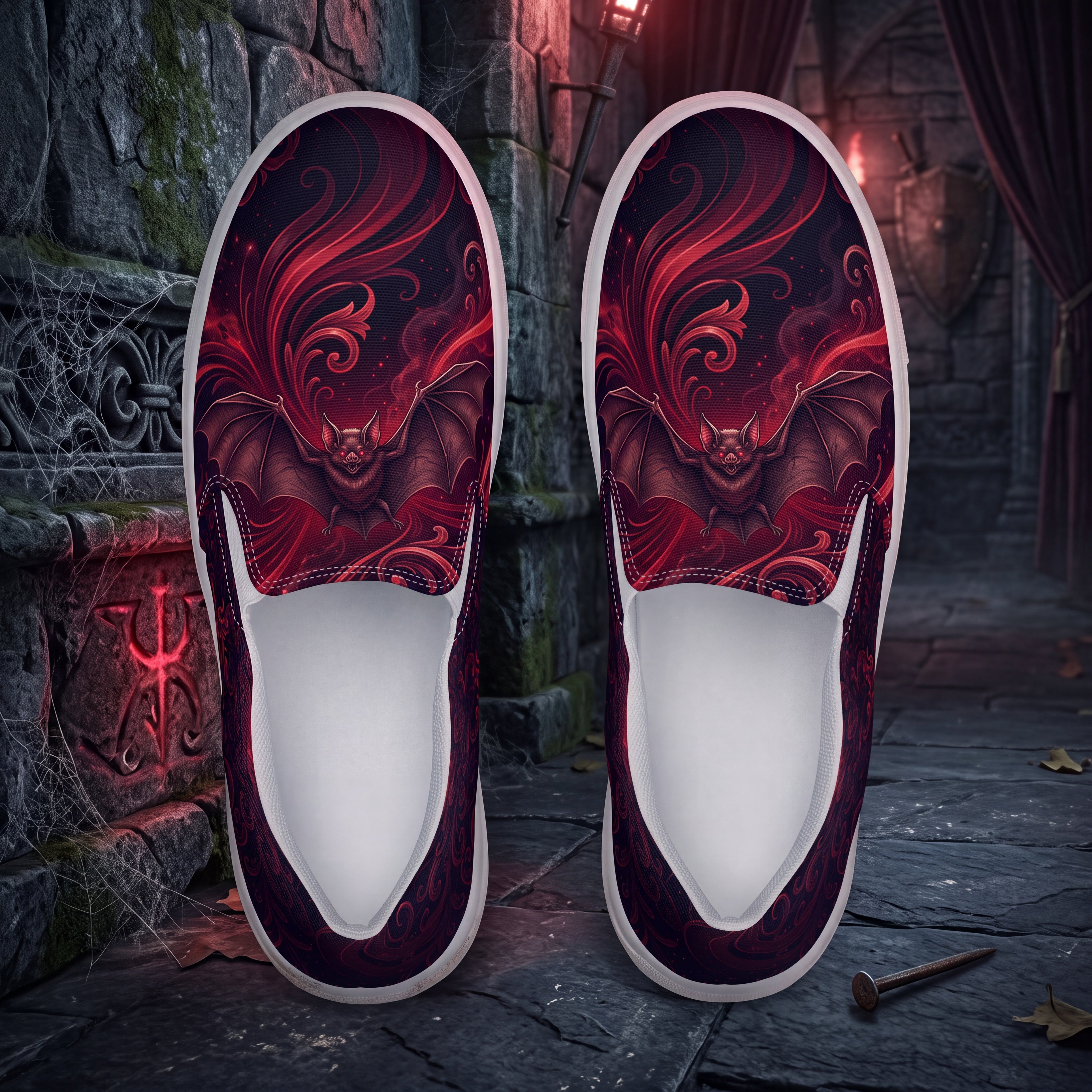 Vampire Bat Slip-On Shoes | Gothic Black and Crimson Canvas Sneakers