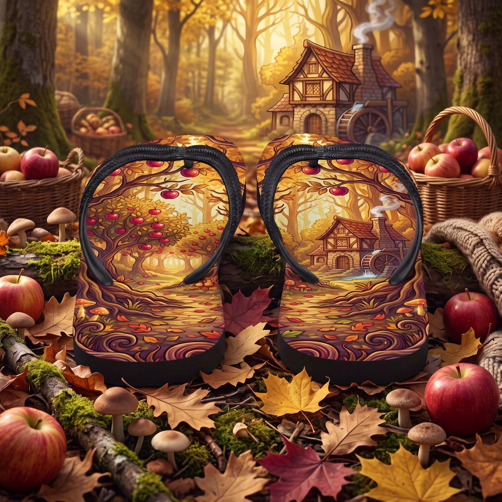 SUBLIMATION Fall Apple Orchard Flip Flops | Cozy Autumn Cider Mill Cottagecore Sandals