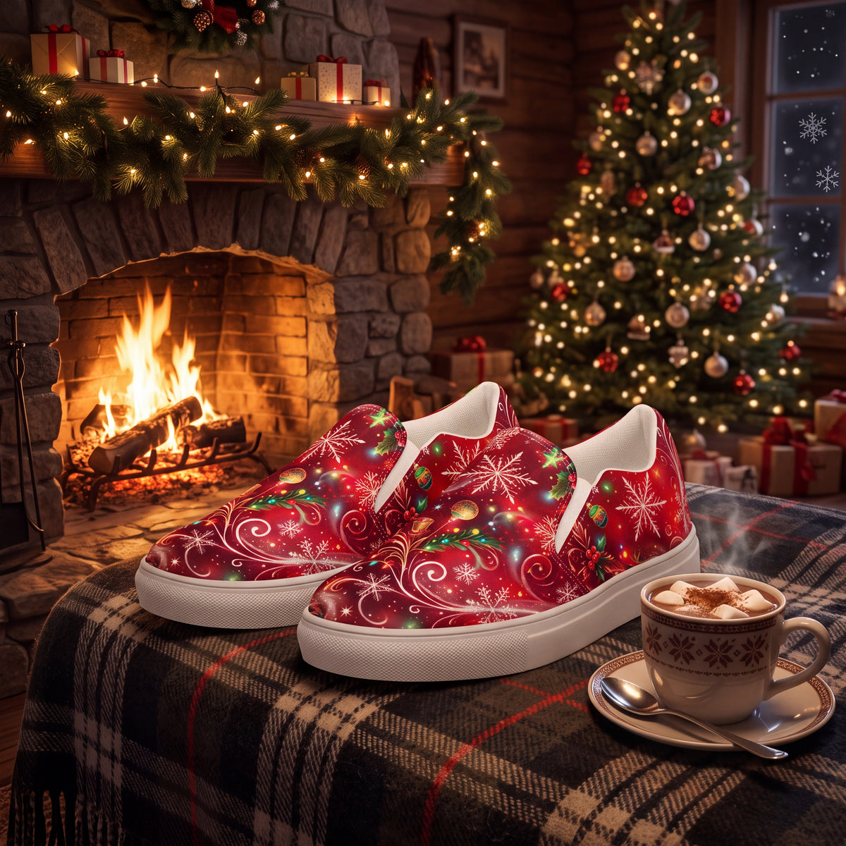 Women's Red Christmas Slip-On Shoes – Festive Snowflake & Gold Swirl Canvas Sneakers