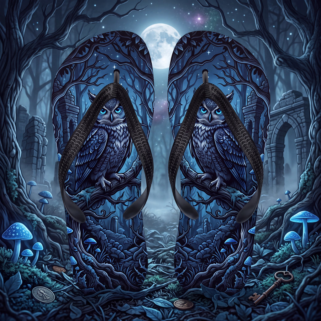 Owl Flip Flops, Moonlit Forest Gothic Fantasy Sandals