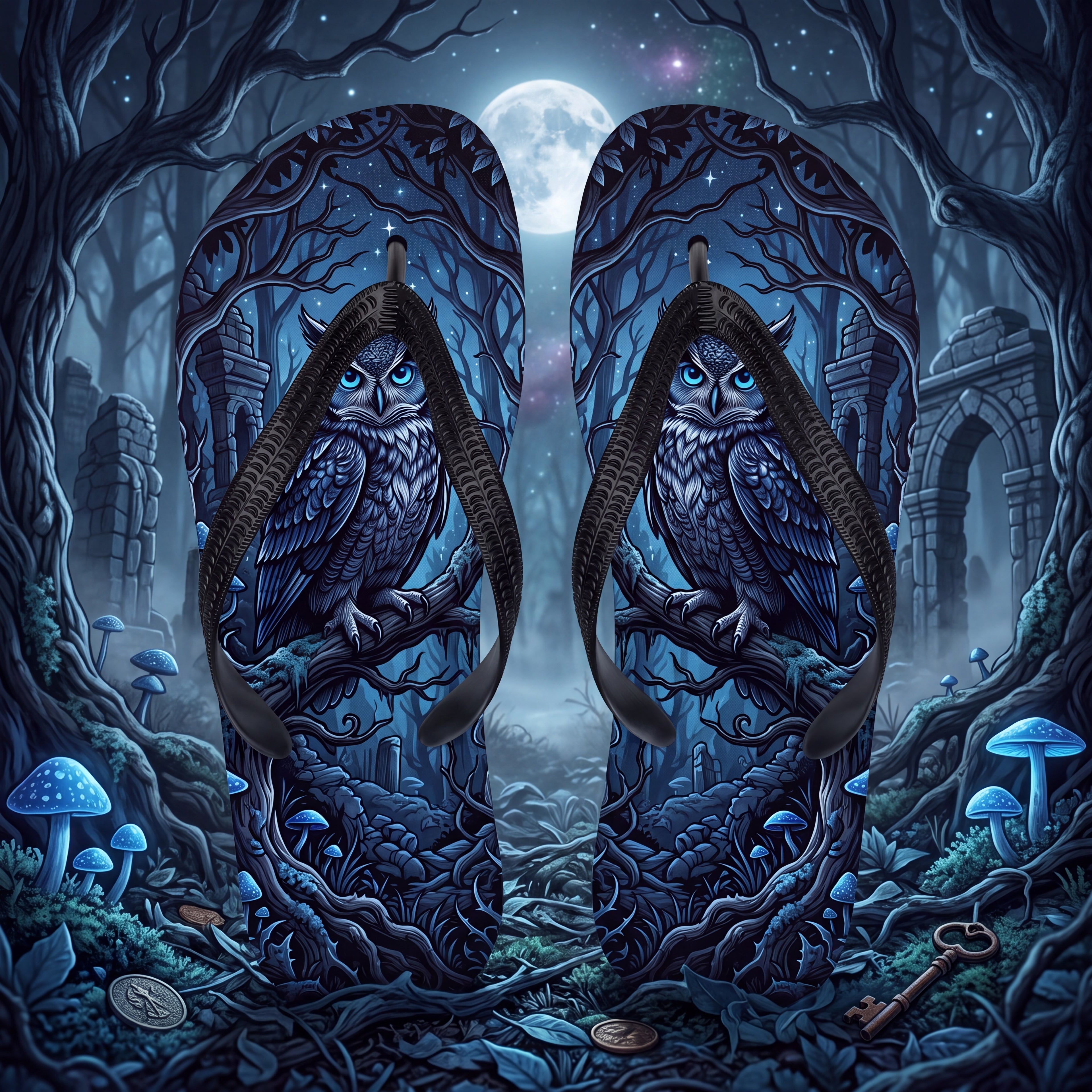 Owl Flip Flops, Moonlit Forest Gothic Fantasy Sandals