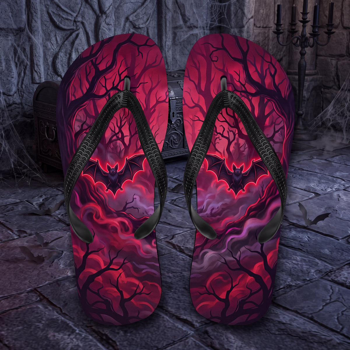 Spooky Bat Flip Flops | Red Gothic Halloween Forest Sandals