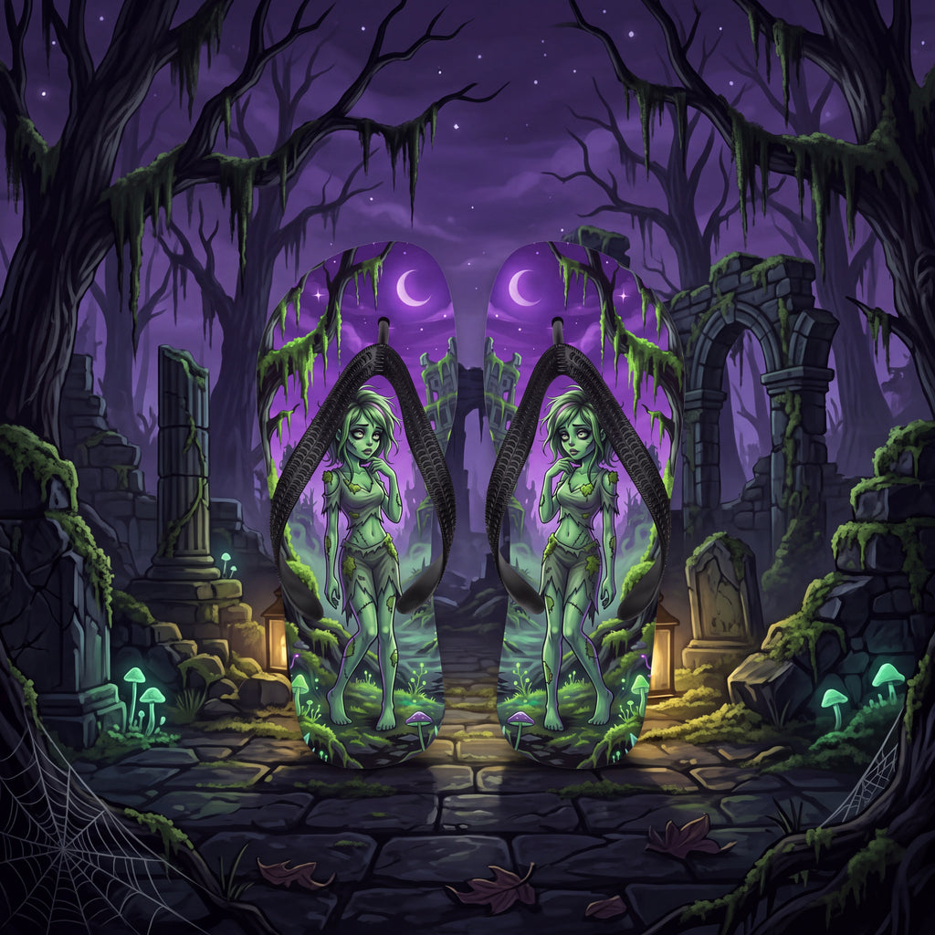 Zombie Ruins Flip Flops | Green Undead Girl Dark Fantasy Sandals