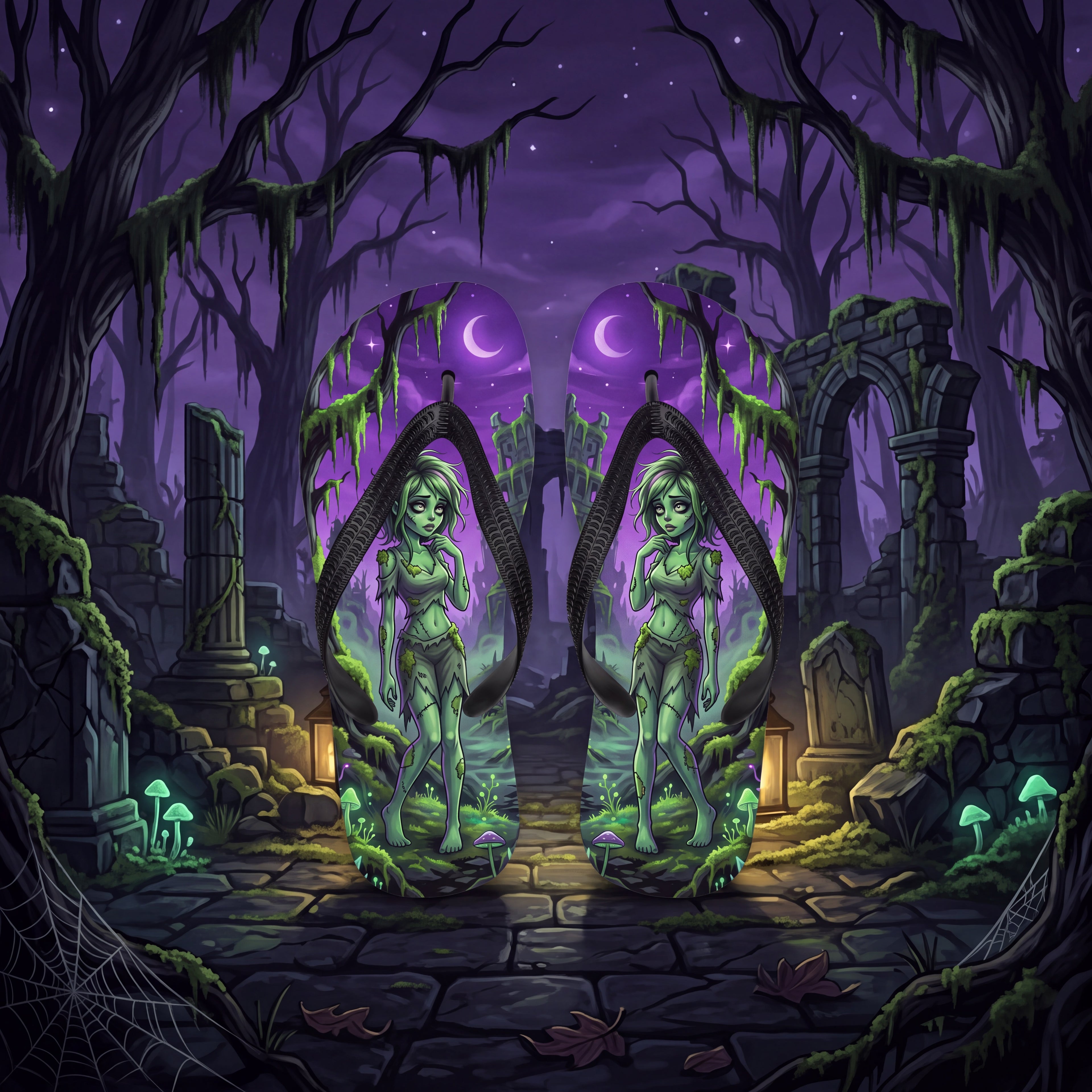 Zombie Ruins Flip Flops | Green Undead Girl Dark Fantasy Sandals