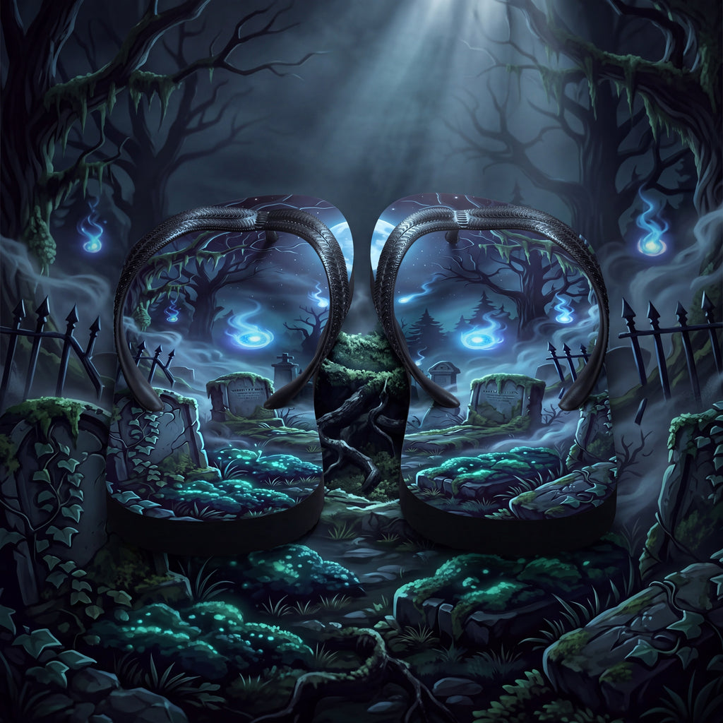 Will-o’-Wisp Flip Flops | Moonlit Haunted Graveyard Ghost Light Sandals