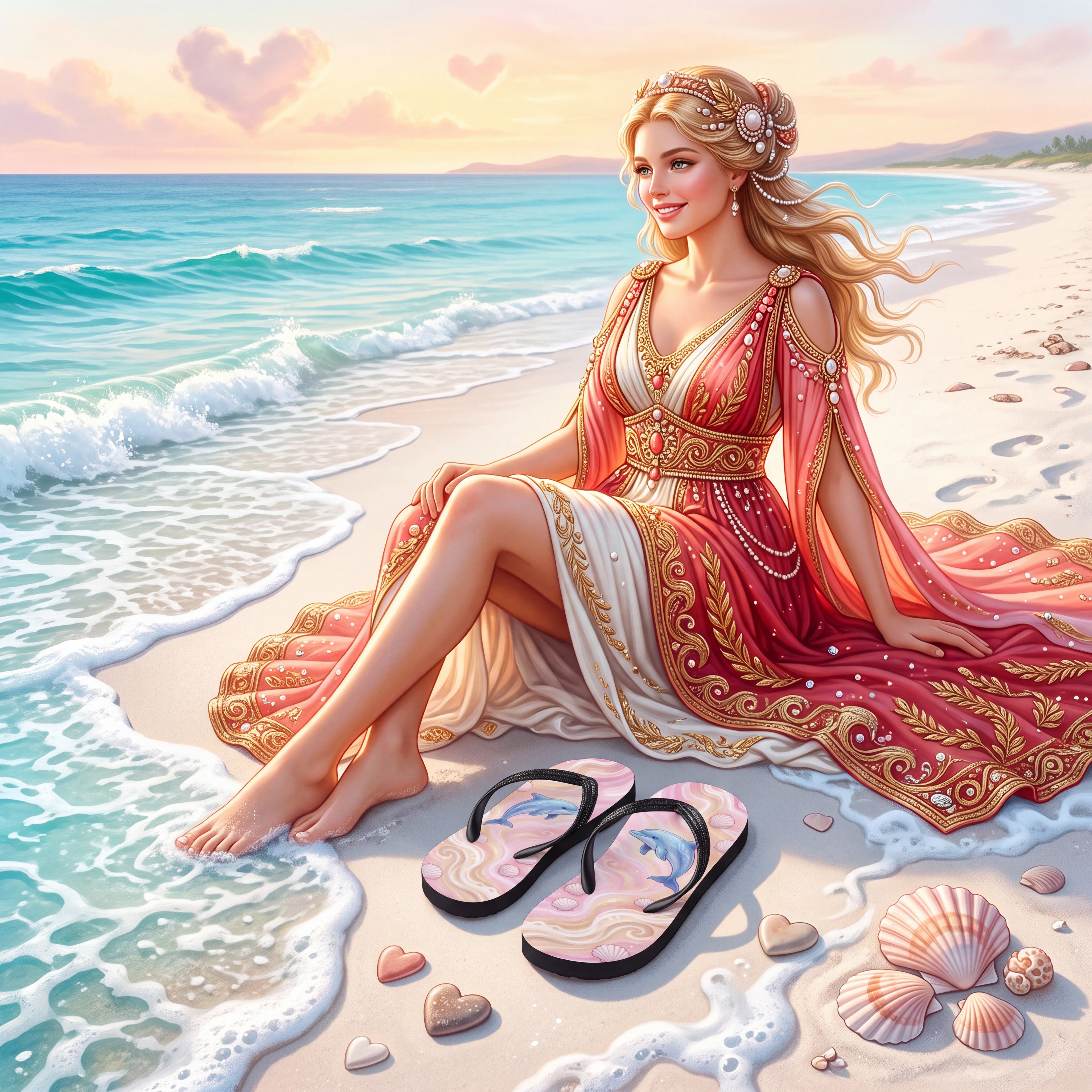 Aphrodite Flip Flops | Dolphin & Pink Seashell Greek Goddess Sandals