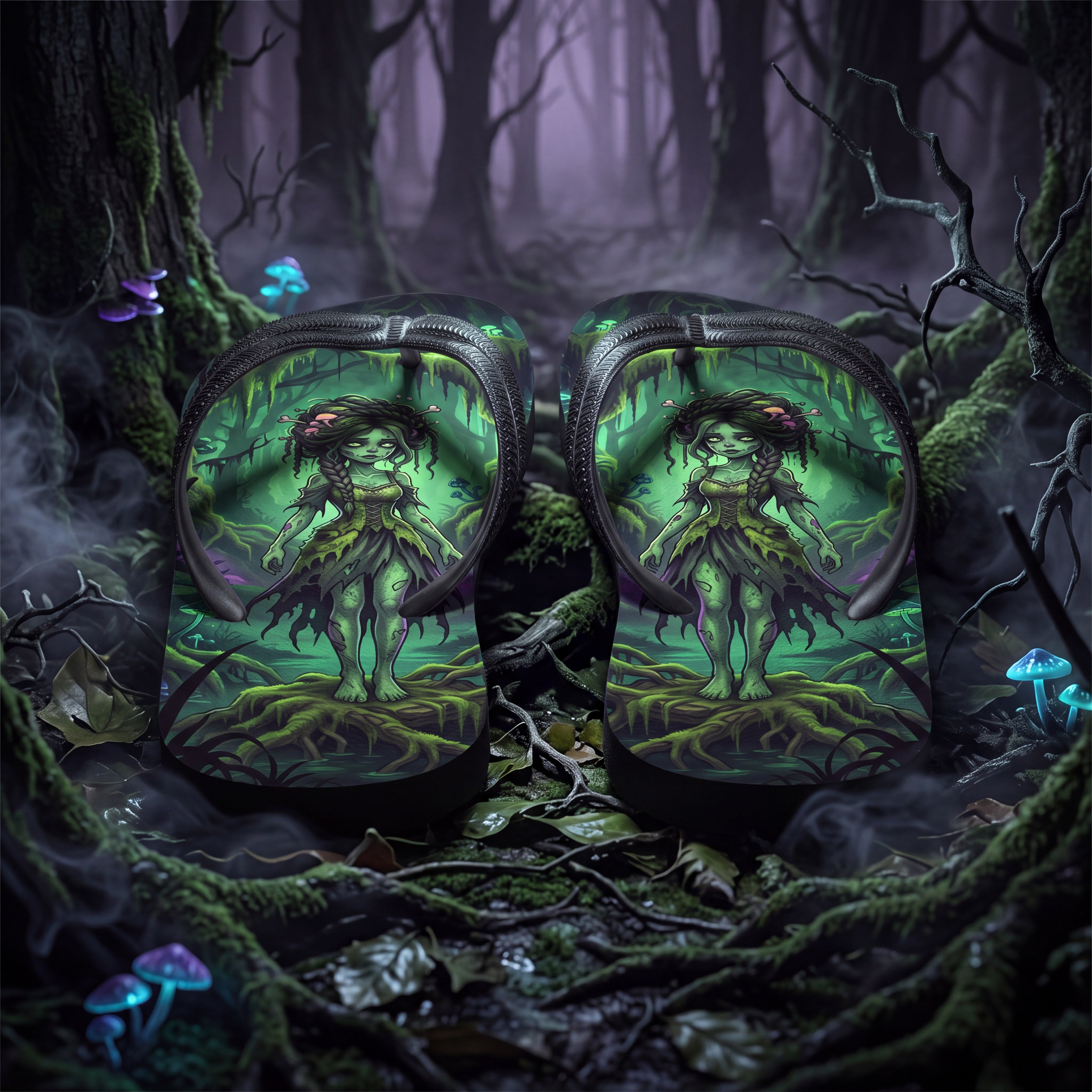 Zombie Swamp Flip Flops | Green Undead Girl Dark Fantasy Sandals