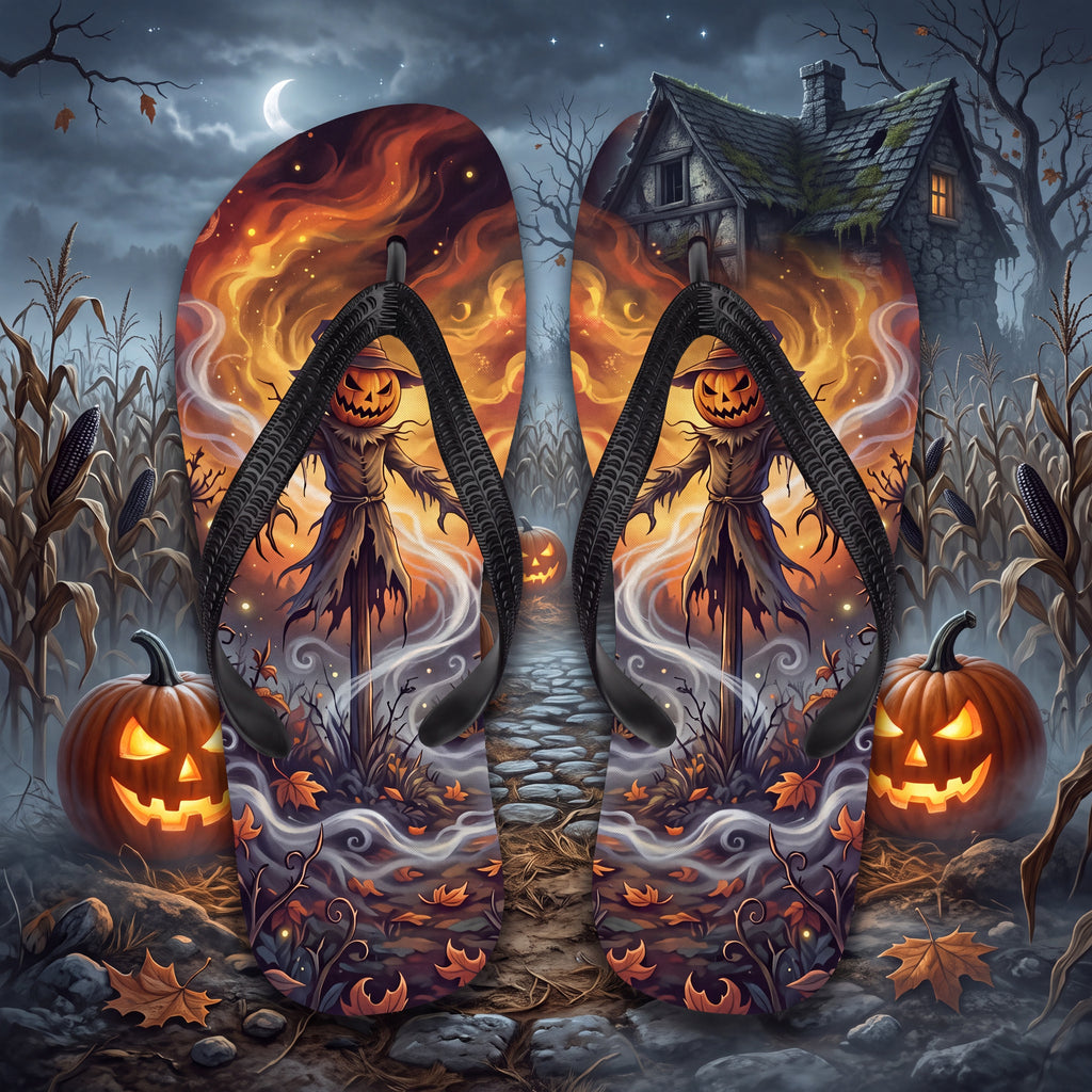 Halloween Scarecrow Flip Flops | Jack-O’-Lantern Haunted Harvest Sandals