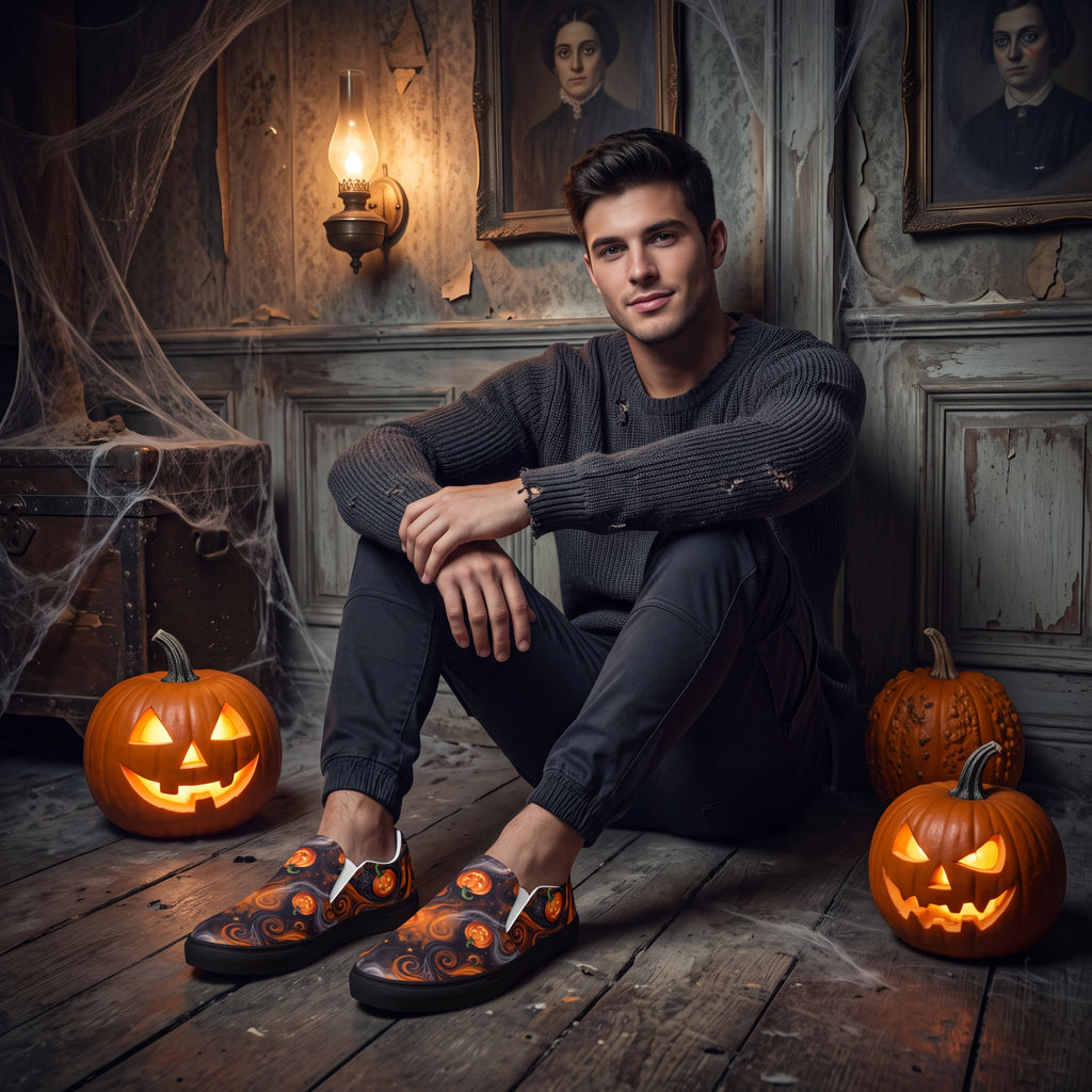 Men’s Halloween Pumpkin Slip-On Shoes | Black and Orange Jack-O’-Lantern Canvas Sneakers