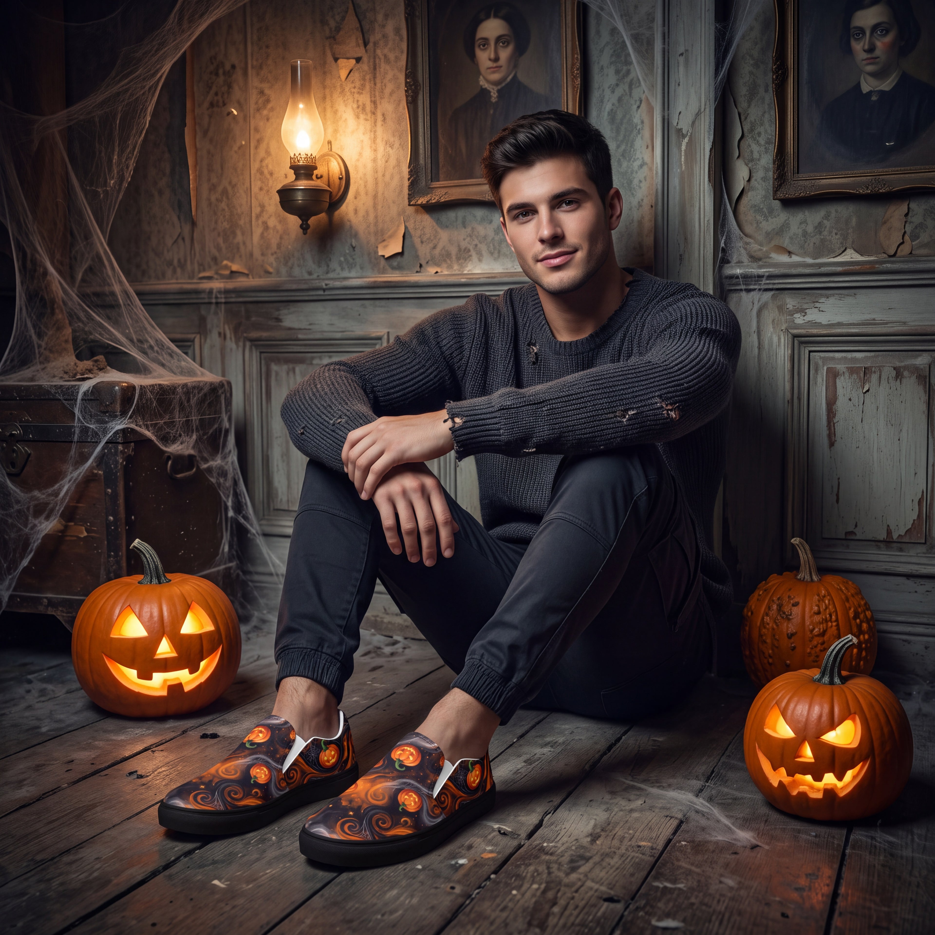 Men’s Halloween Pumpkin Slip-On Shoes | Black and Orange Jack-O’-Lantern Canvas Sneakers