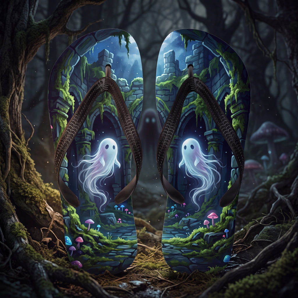 Ghost in Mossy Ruins Flip Flops | Haunted Forest Mushroom Sandals