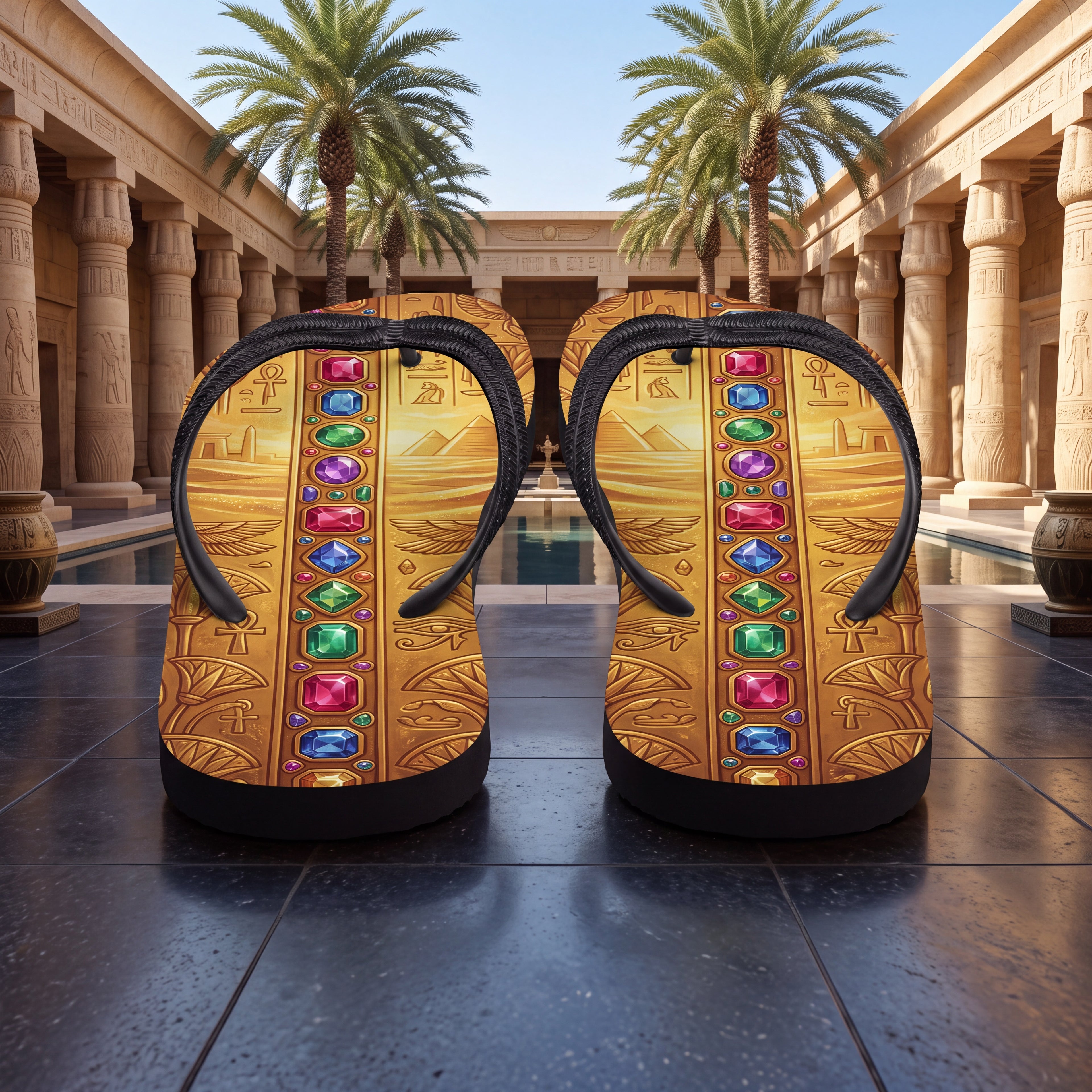 Ancient Egyptian Royalty Flip Flops | Gold Hieroglyph & Gem Sandals