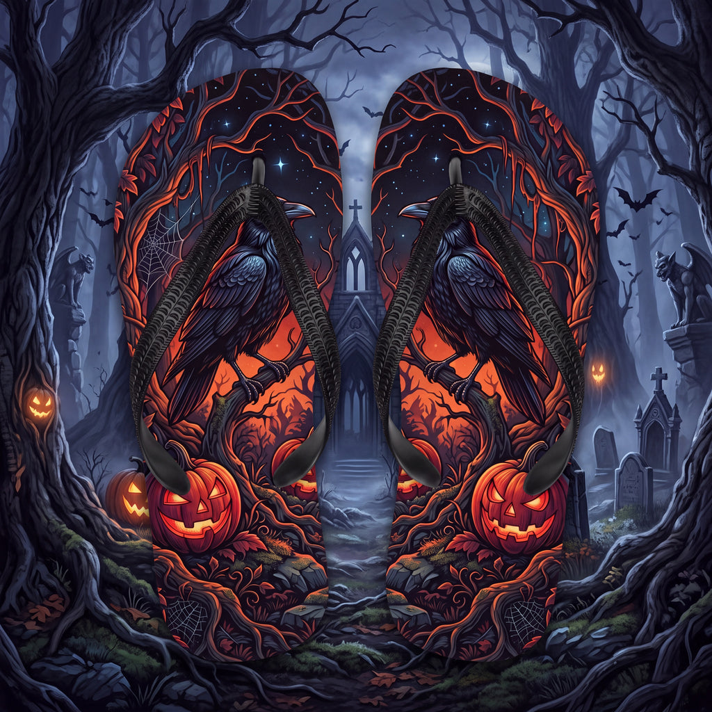 Raven Flip Flops | Gothic Halloween Jack-O’-Lantern Sandals