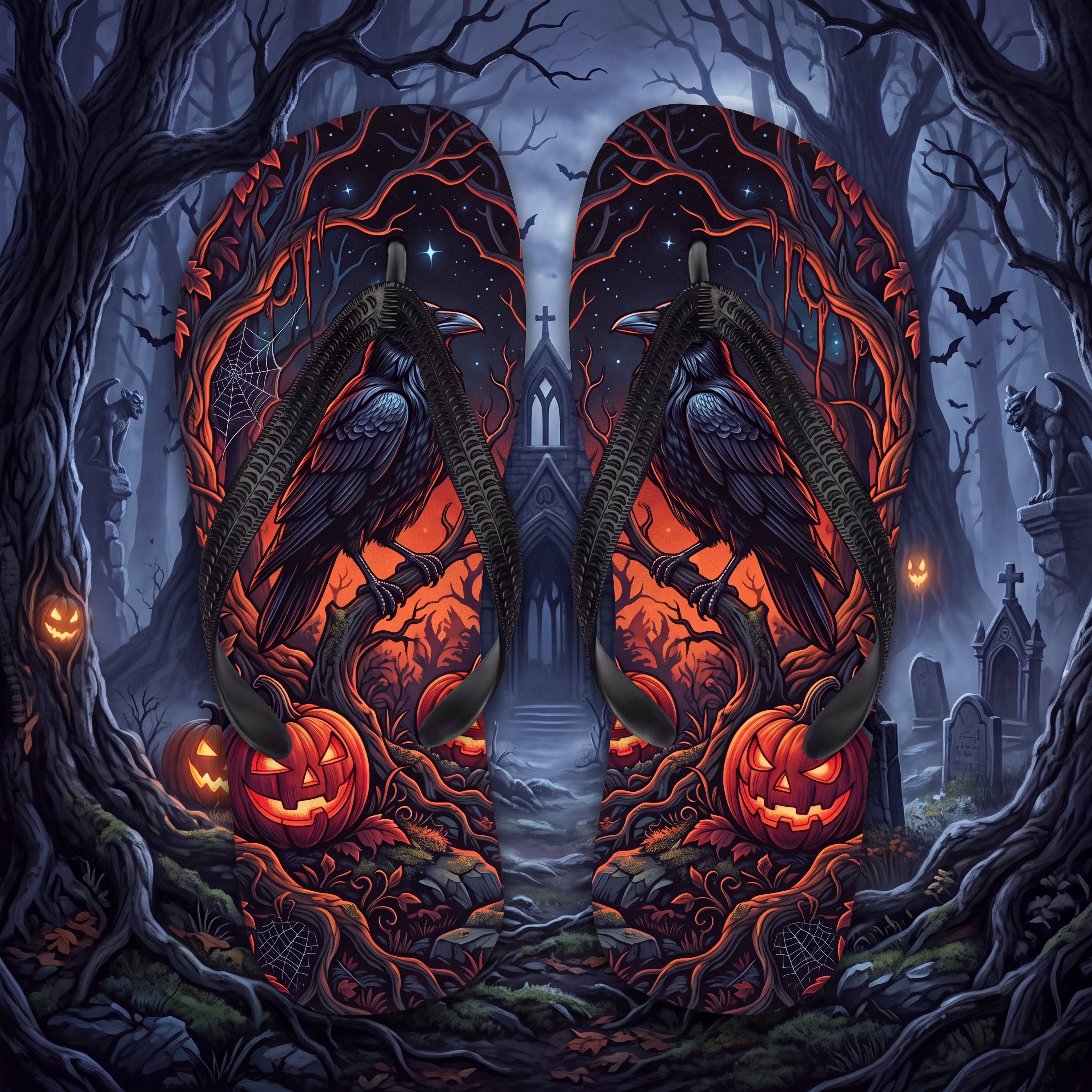 Raven Flip Flops | Gothic Halloween Jack-O’-Lantern Sandals