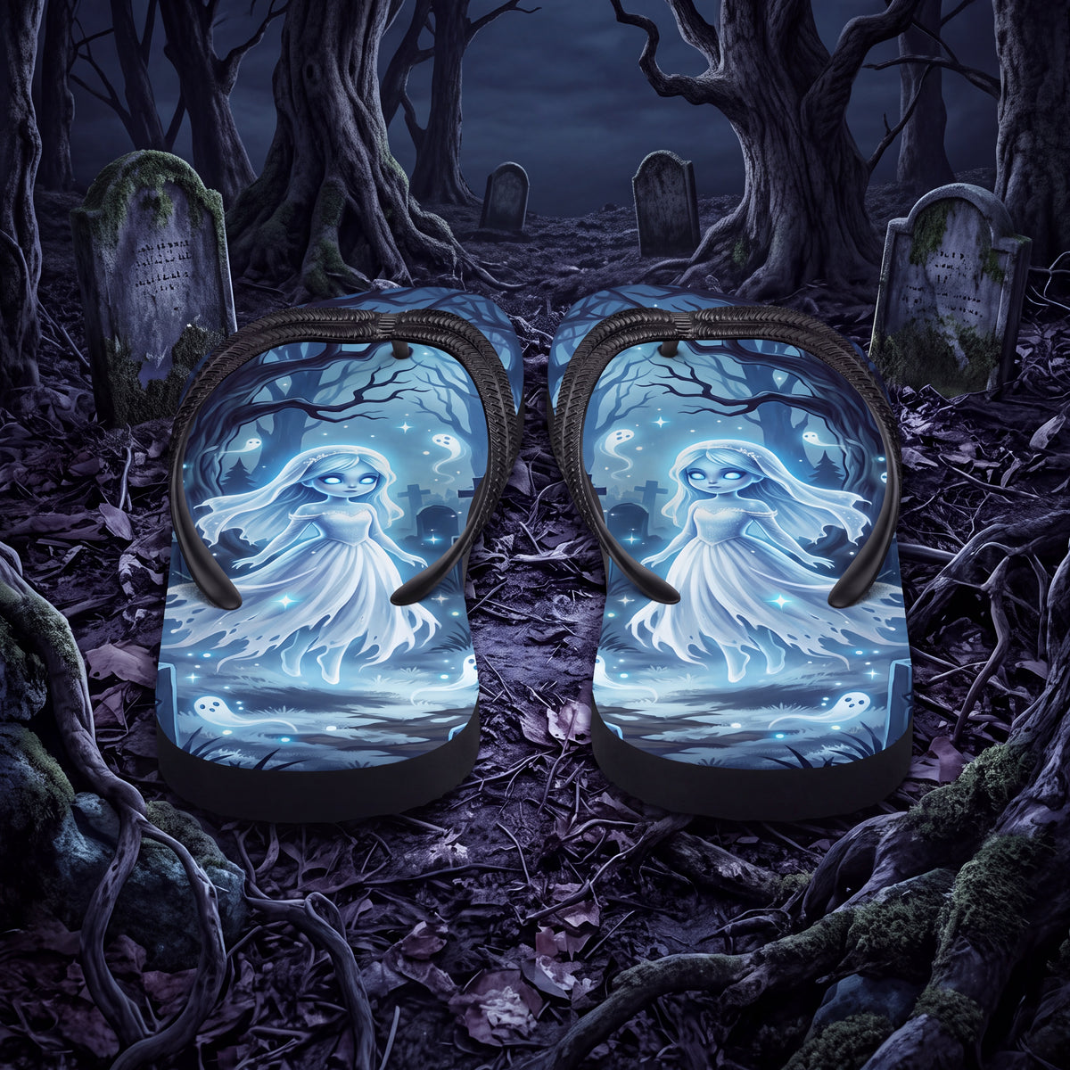 Ghost Girl Flip Flops | Haunted Graveyard Blue Halloween Sandals