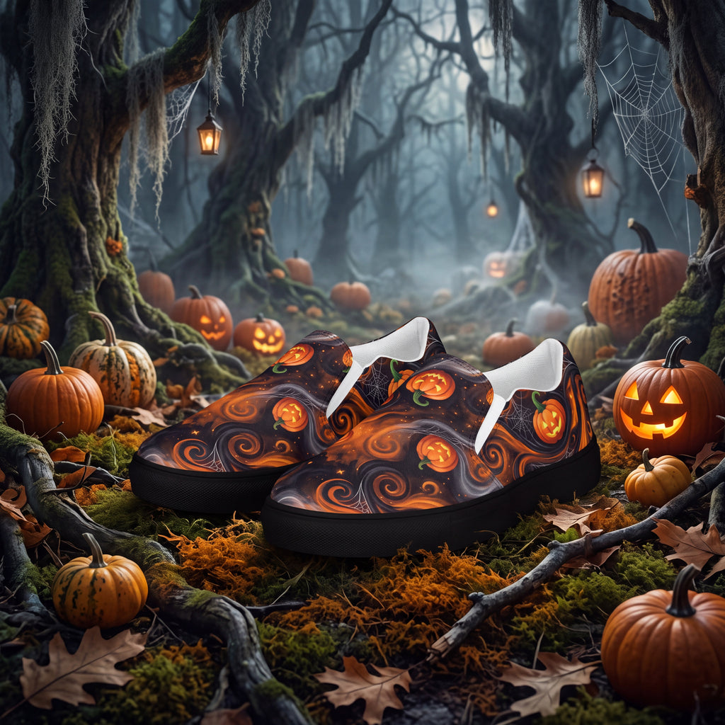 Women's Halloween Pumpkin Slip-On Shoes | Black and Orange Jack-O’-Lantern Canvas Sneakers