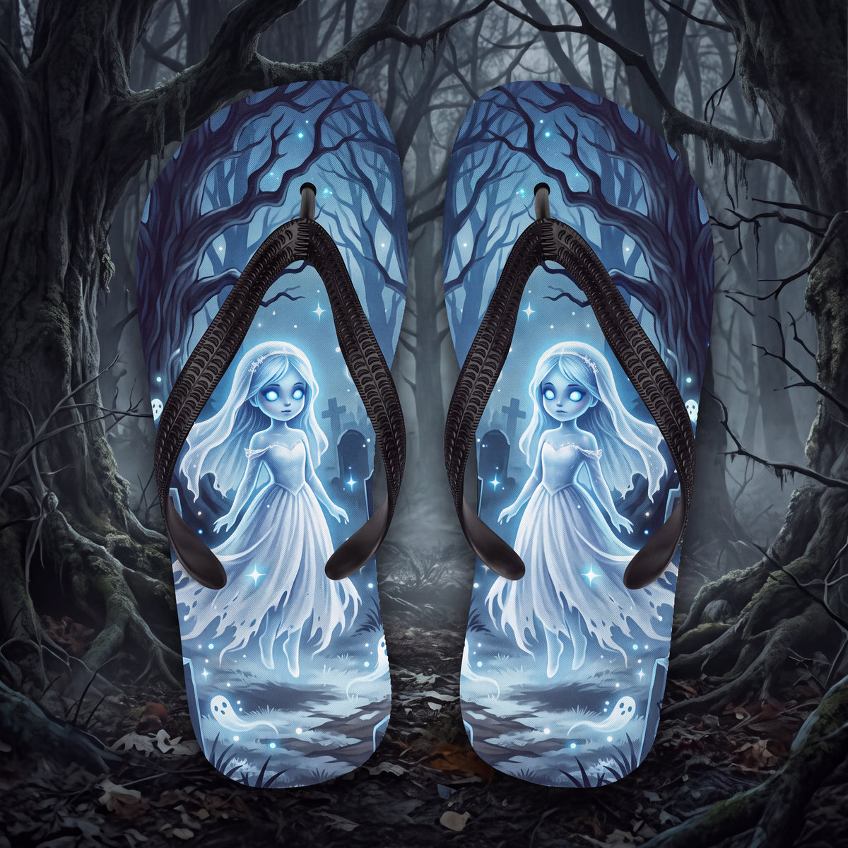 Ghost Girl Flip Flops | Haunted Graveyard Blue Halloween Sandals