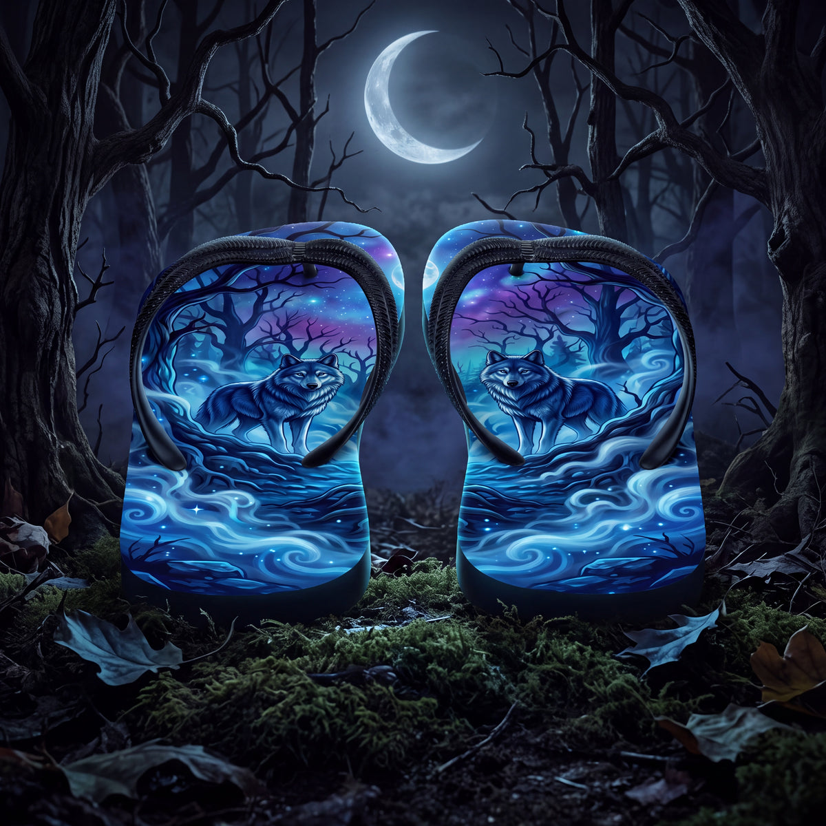 Moonlit Wolf Flip Flops | Blue Fantasy Forest Sandals