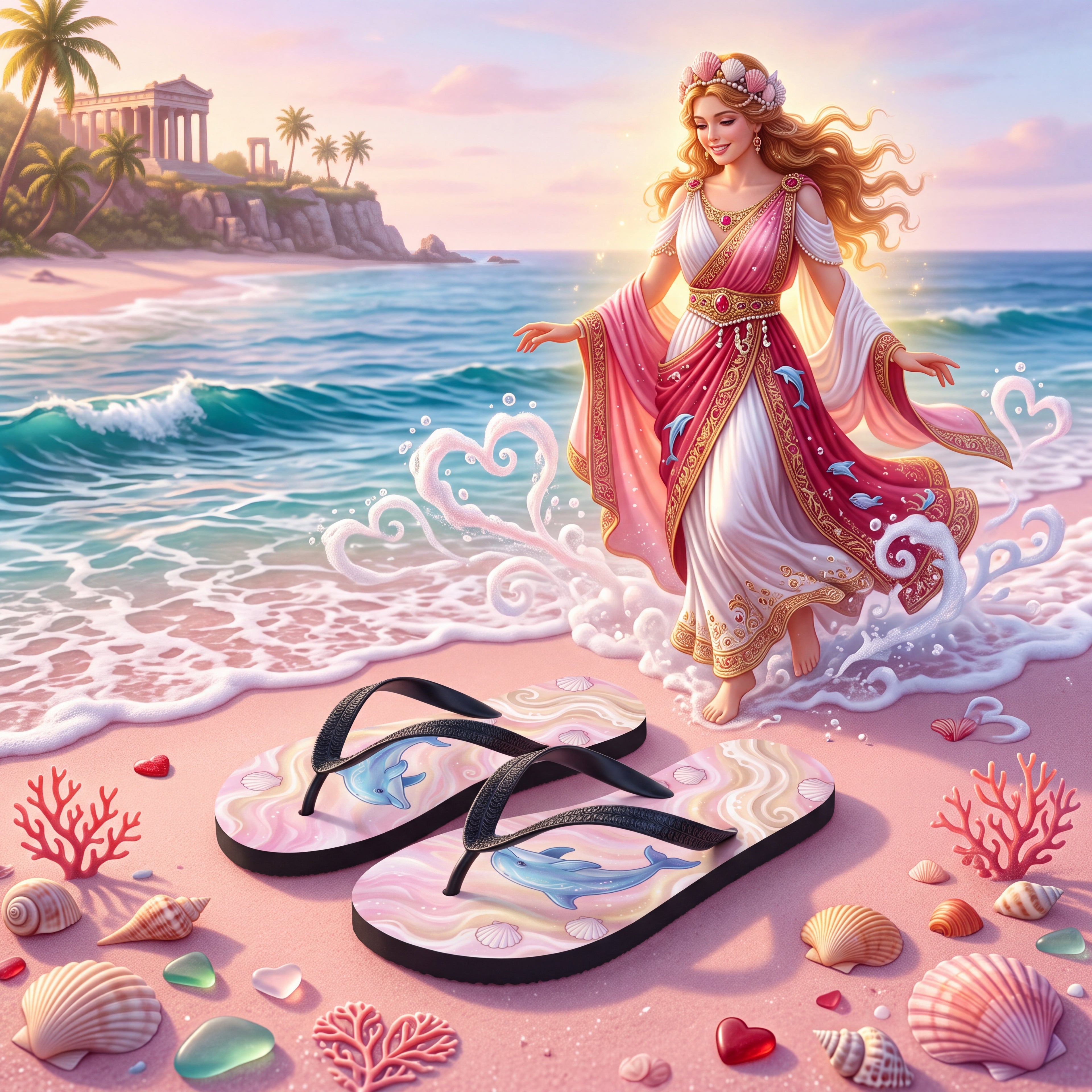 Aphrodite Flip Flops | Dolphin & Pink Seashell Greek Goddess Sandals