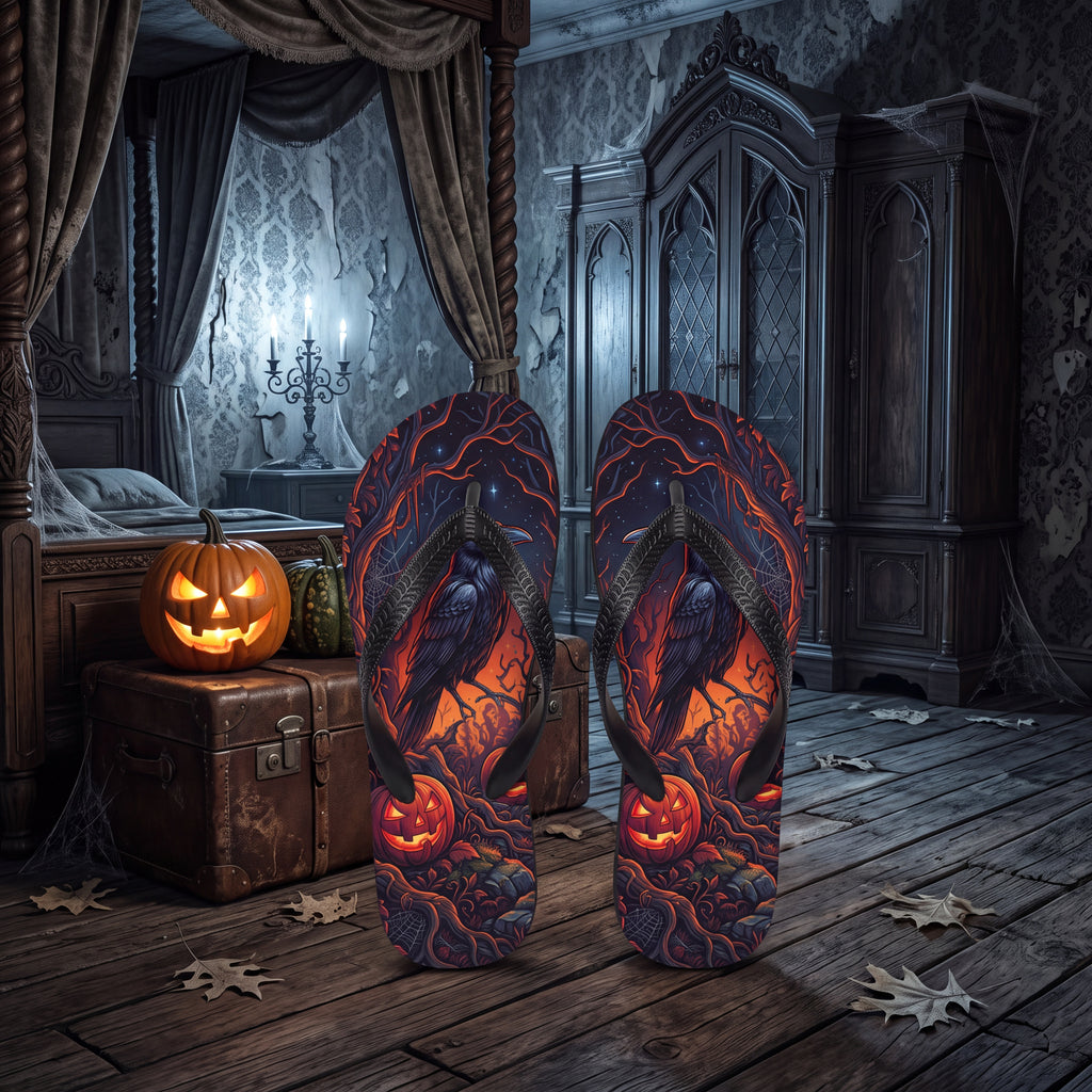 Raven Flip Flops | Gothic Halloween Jack-O’-Lantern Sandals