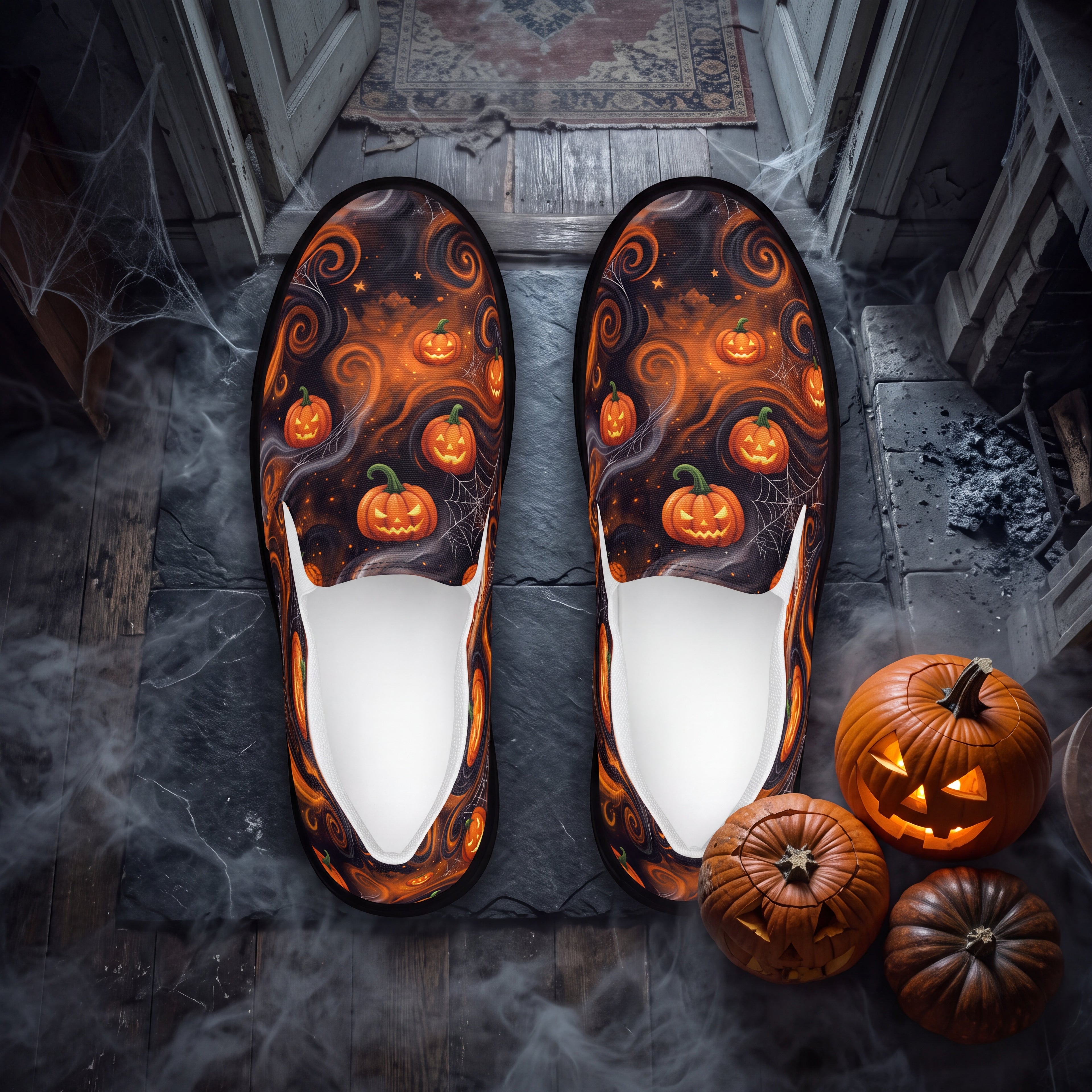 Men’s Halloween Pumpkin Slip-On Shoes | Black and Orange Jack-O’-Lantern Canvas Sneakers