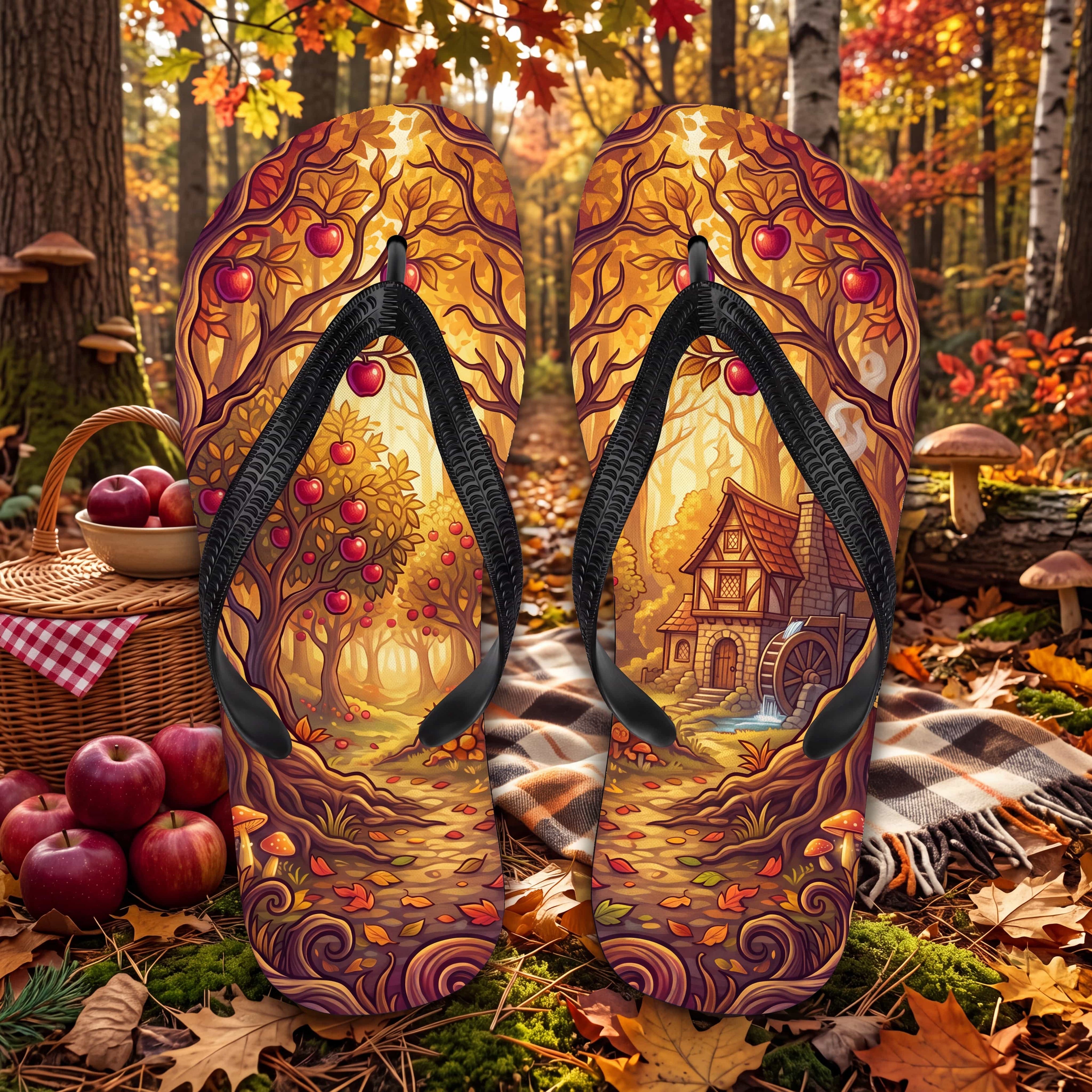 SUBLIMATION Fall Apple Orchard Flip Flops | Cozy Autumn Cider Mill Cottagecore Sandals