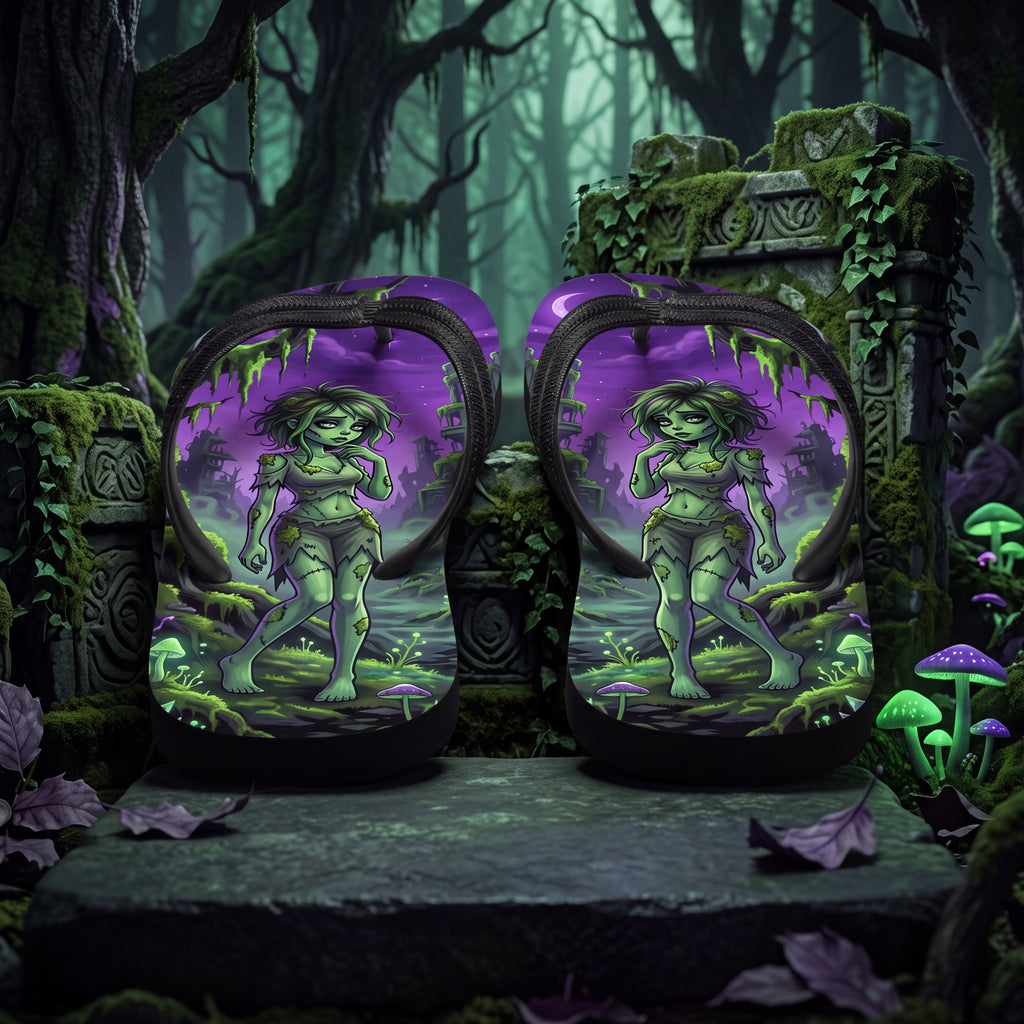 Zombie Ruins Flip Flops | Green Undead Girl Dark Fantasy Sandals
