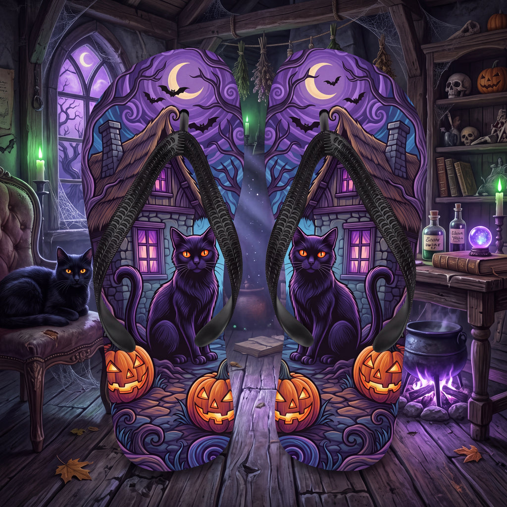 Black Cat Halloween Flip Flops | Purple Haunted Cottage Pumpkin Sandals