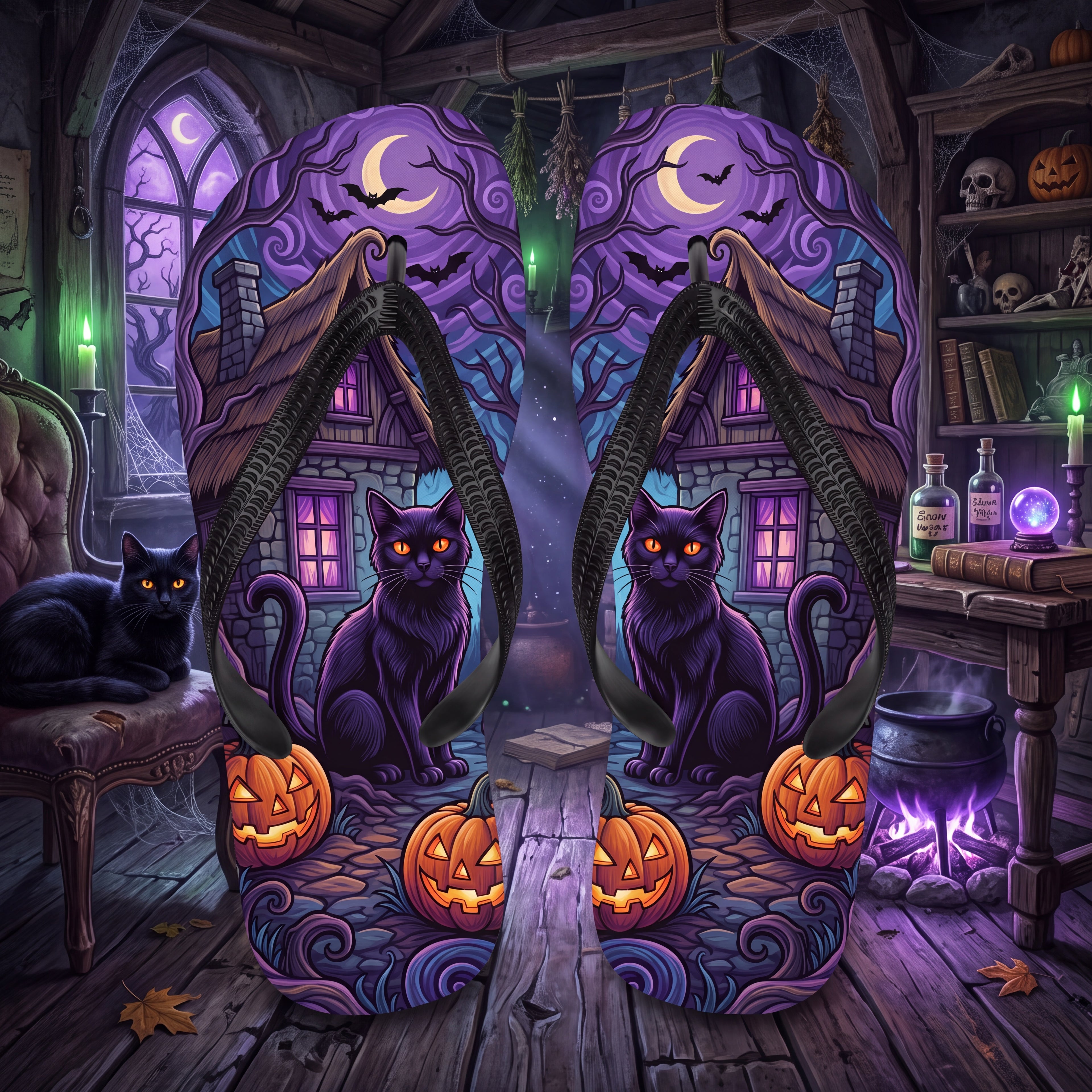 Black Cat Halloween Flip Flops | Purple Haunted Cottage Pumpkin Sandals