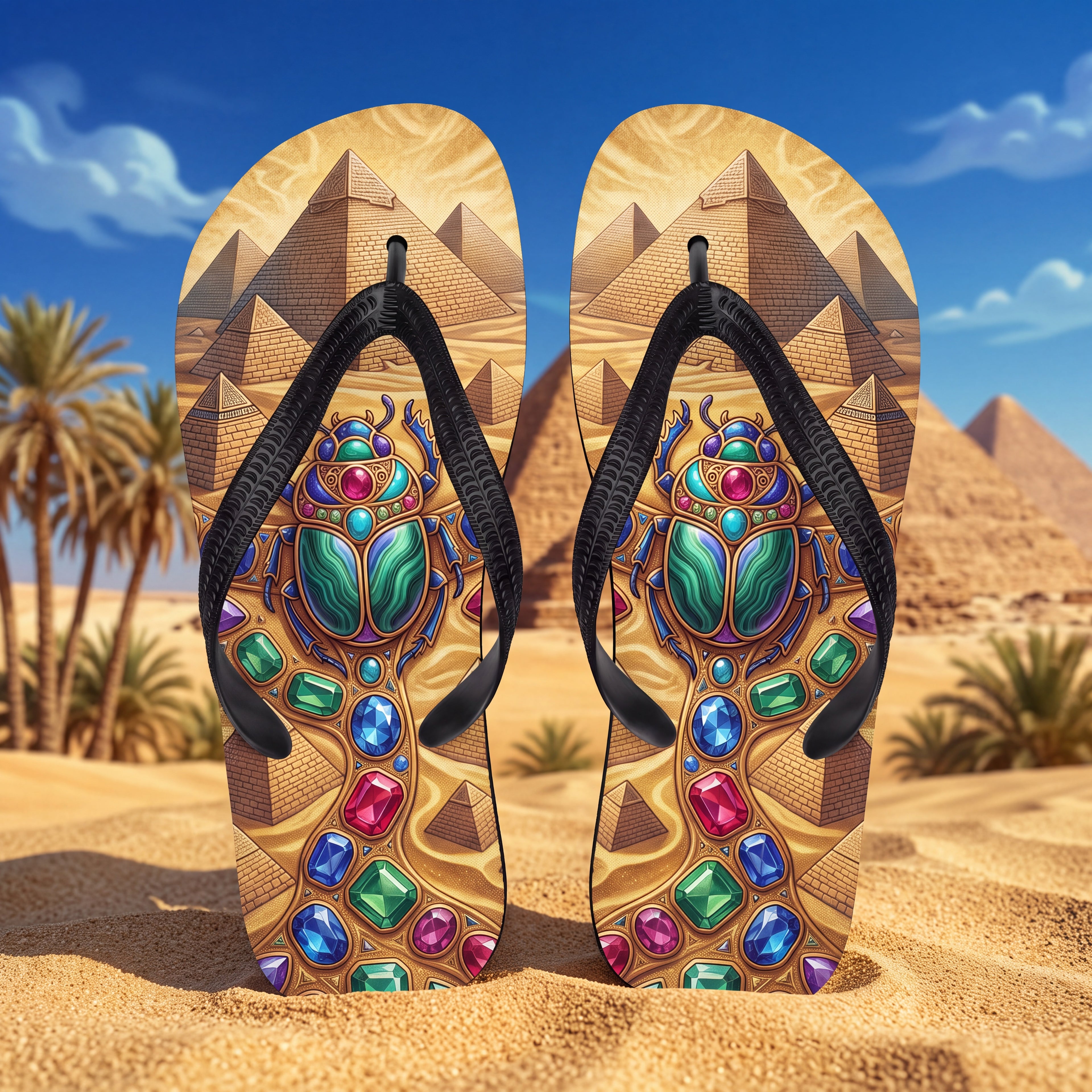 Egyptian Scarab Flip Flops | Jeweled Ancient Egypt Pyramid Sandals