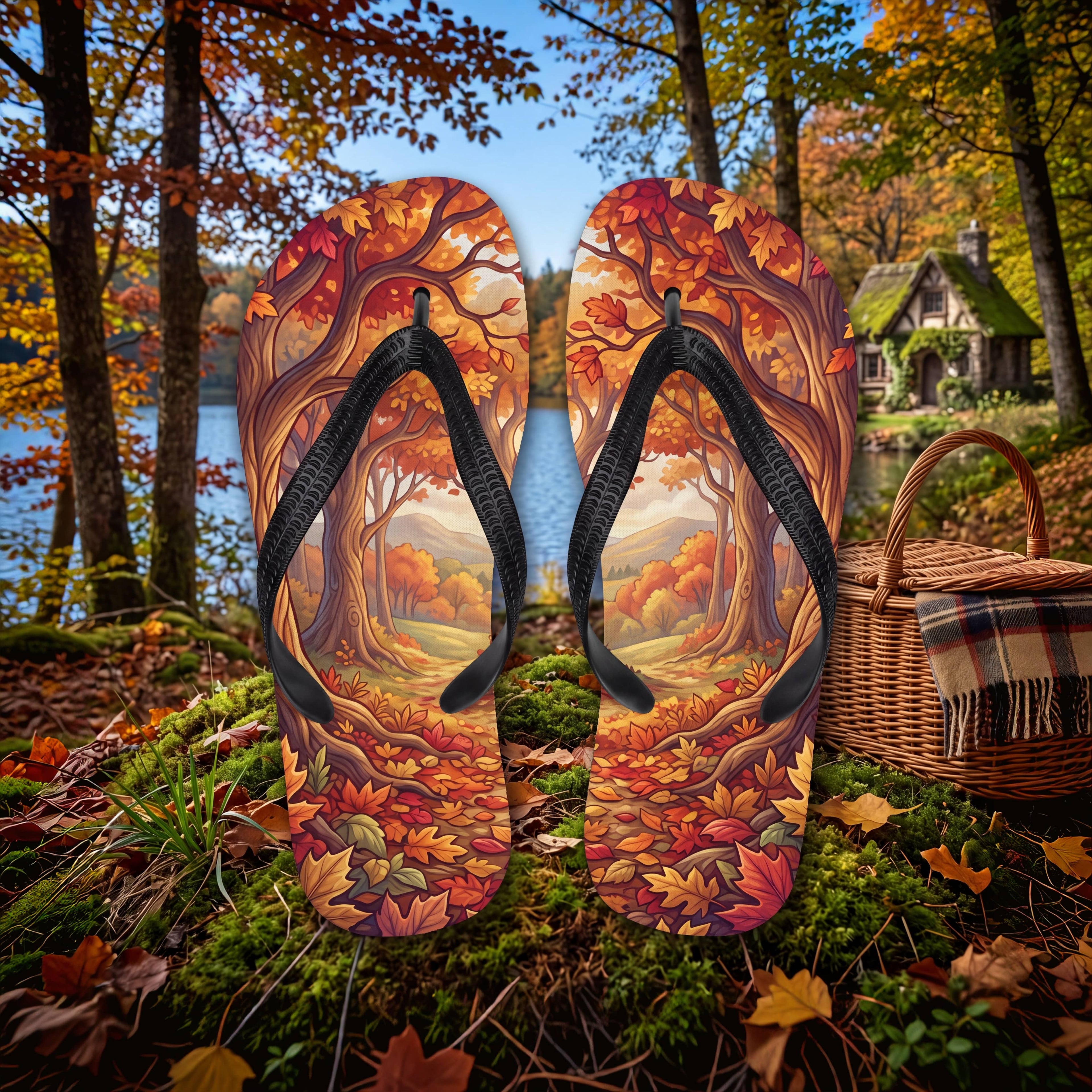 SUBLIMATION Autumn Forest Flip Flops, Fall Foliage Woodland Sandals