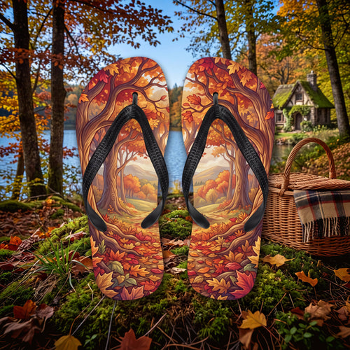 SUBLIMATION Autumn Forest Flip Flops, Fall Foliage Woodland Sandals