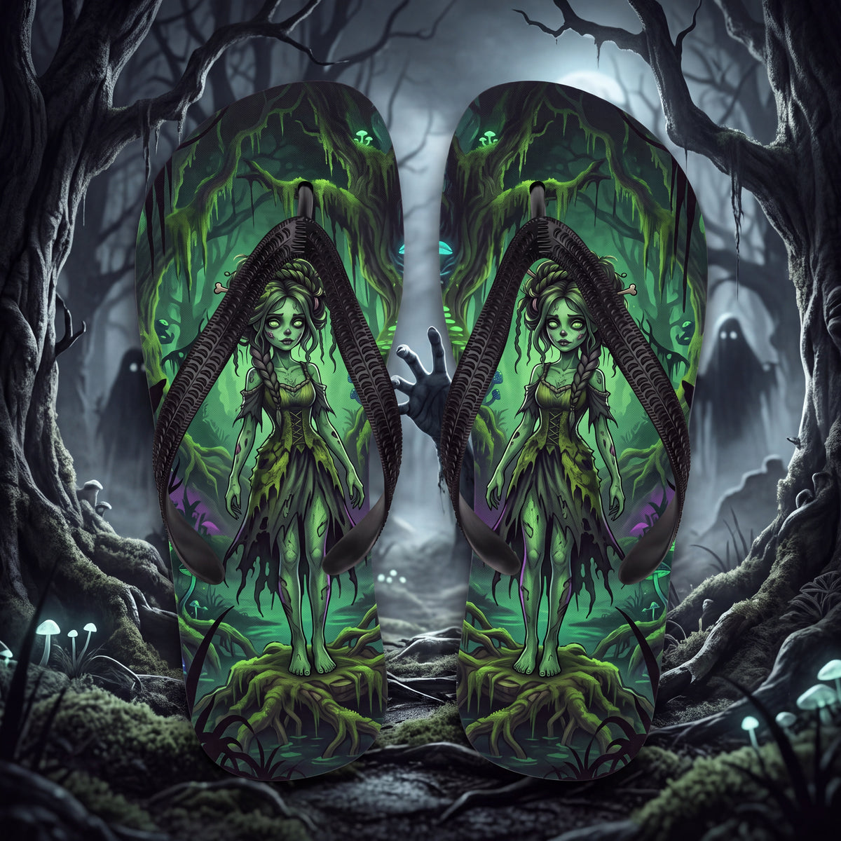 Zombie Swamp Flip Flops | Green Undead Girl Dark Fantasy Sandals