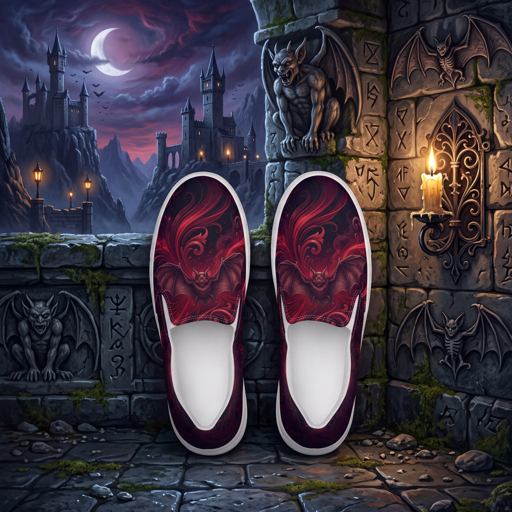 Vampire Bat Slip-On Shoes | Gothic Black and Crimson Canvas Sneakers