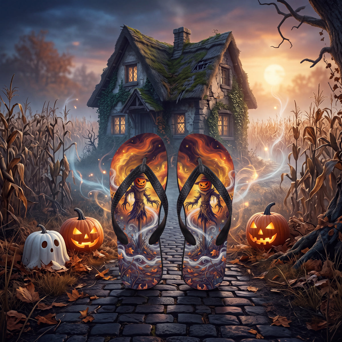Halloween Scarecrow Flip Flops | Jack-O’-Lantern Haunted Harvest Sandals