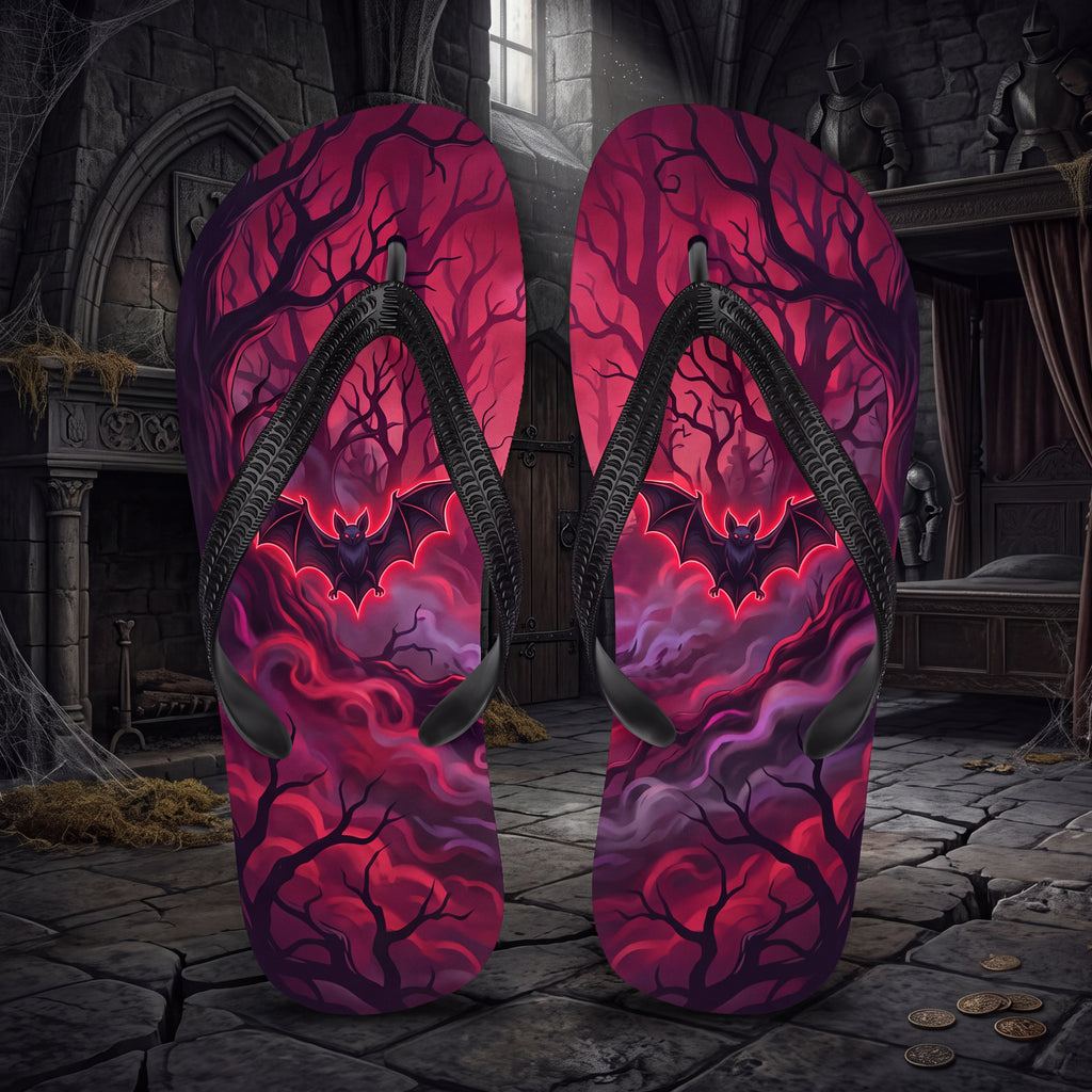 Spooky Bat Flip Flops | Red Gothic Halloween Forest Sandals